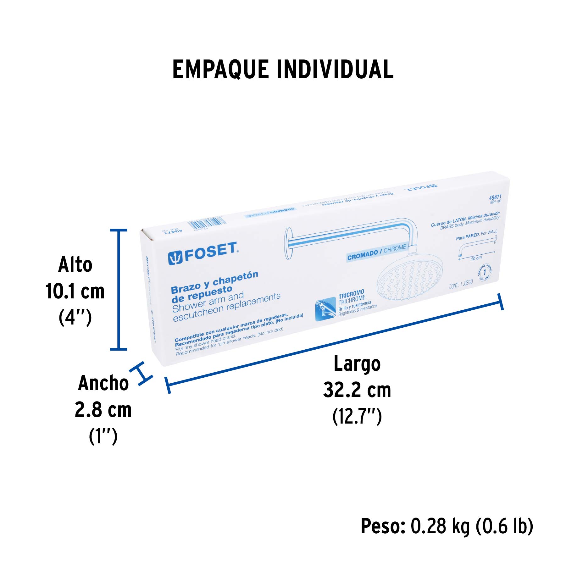 Brazo y chapetón para regadera, 30 cm, cromo, ELEMENT - Empaque