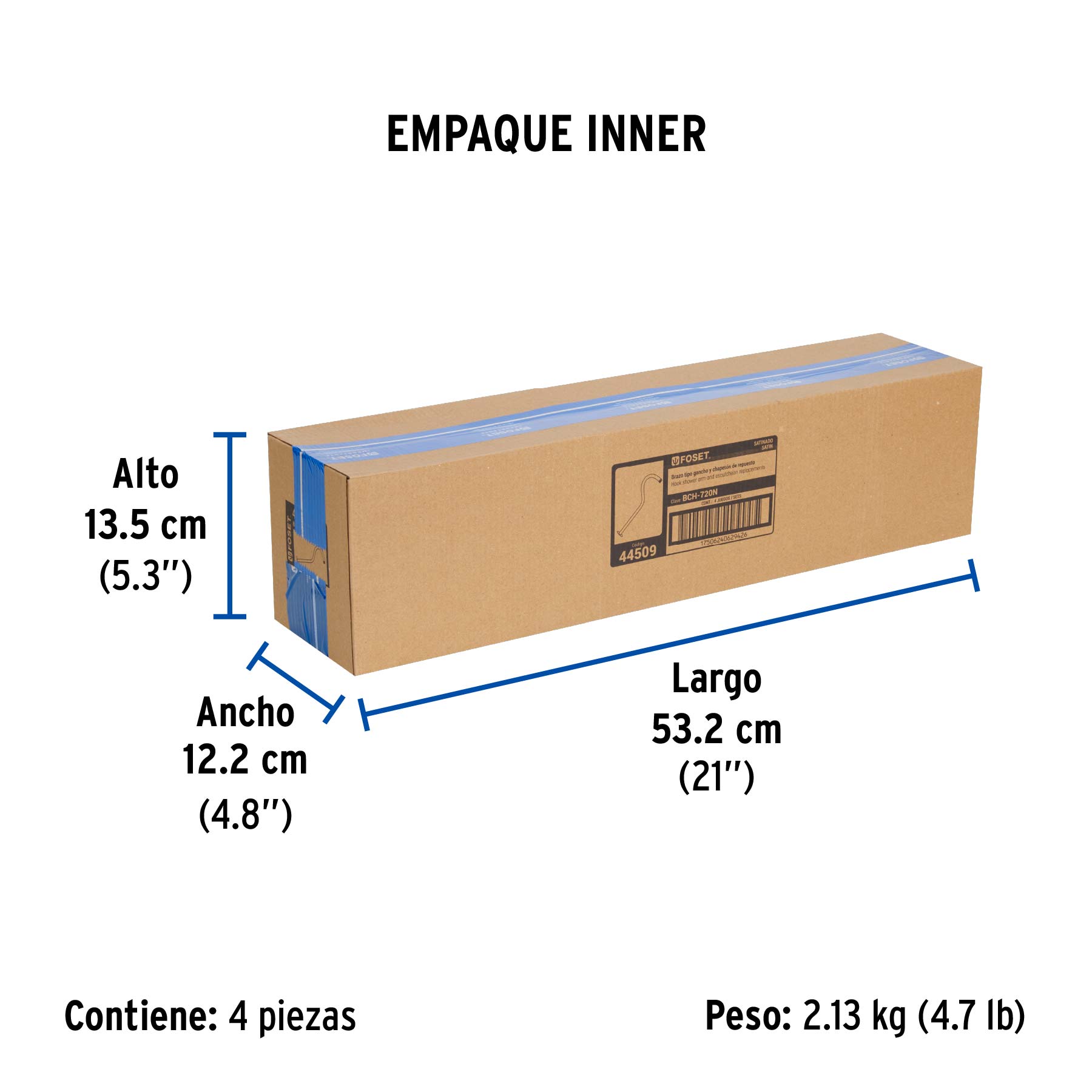 Brazo y chapetón tipo gancho para regadera, 50 cm, satinado - Empaque