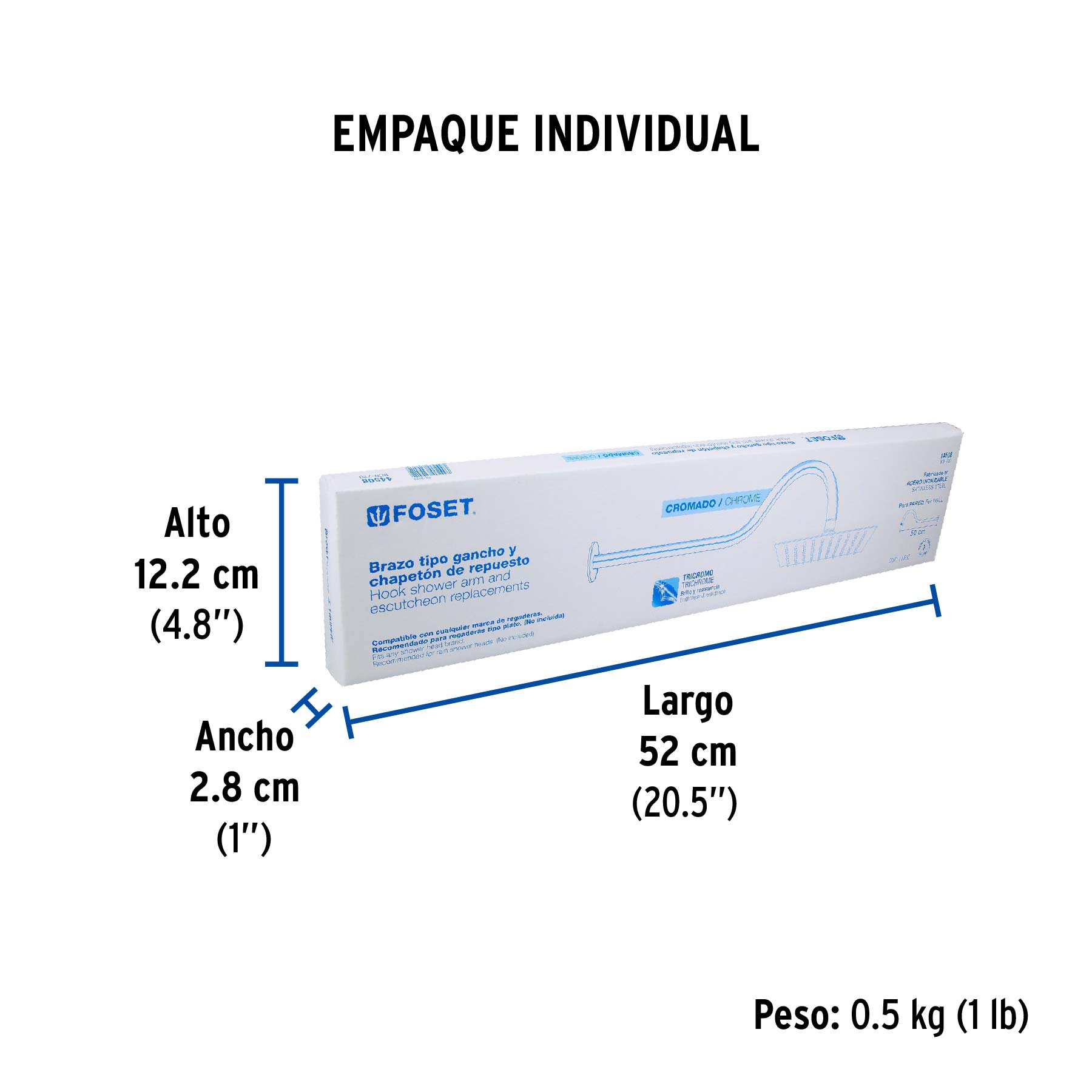 Brazo tipo gancho y chapetón para regadera, 50 cm, AERO - Empaque