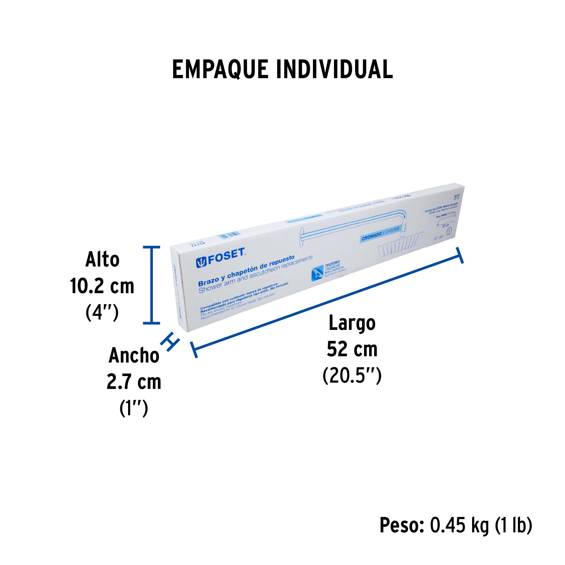 Brazo y chapetón para regadera, 50 cm, cromo, RIVIERA - Empaque