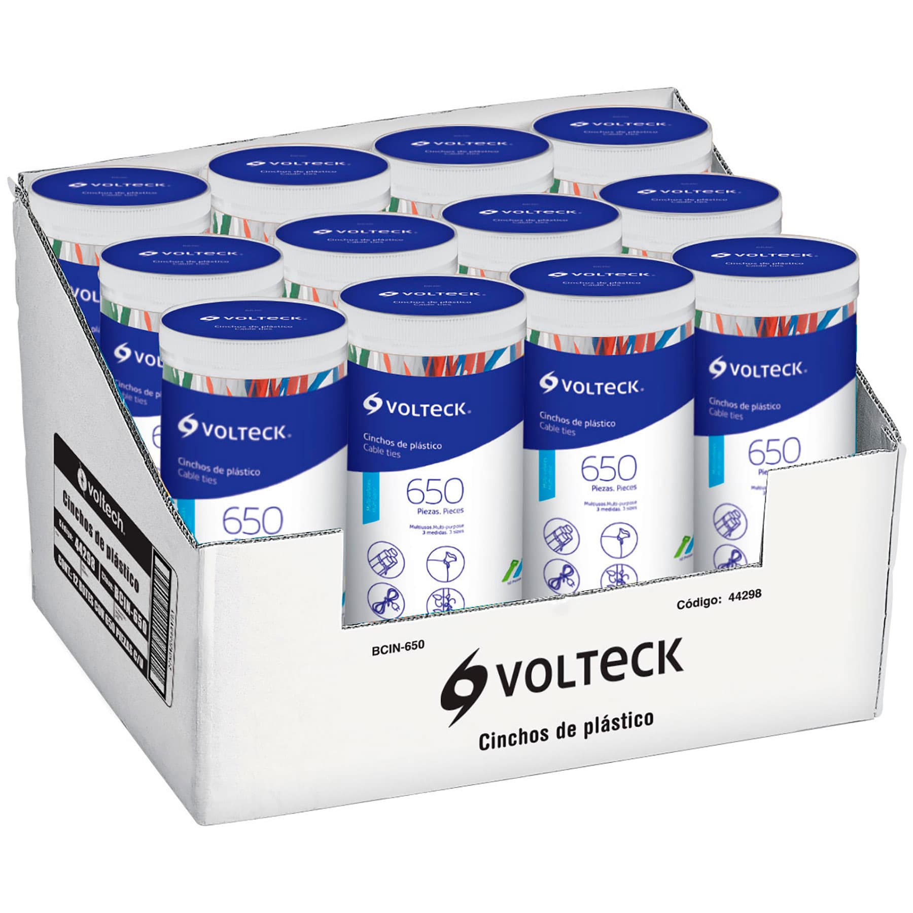 Bote con 650 cinchos plásticos en colores surtidos, VOLTECK