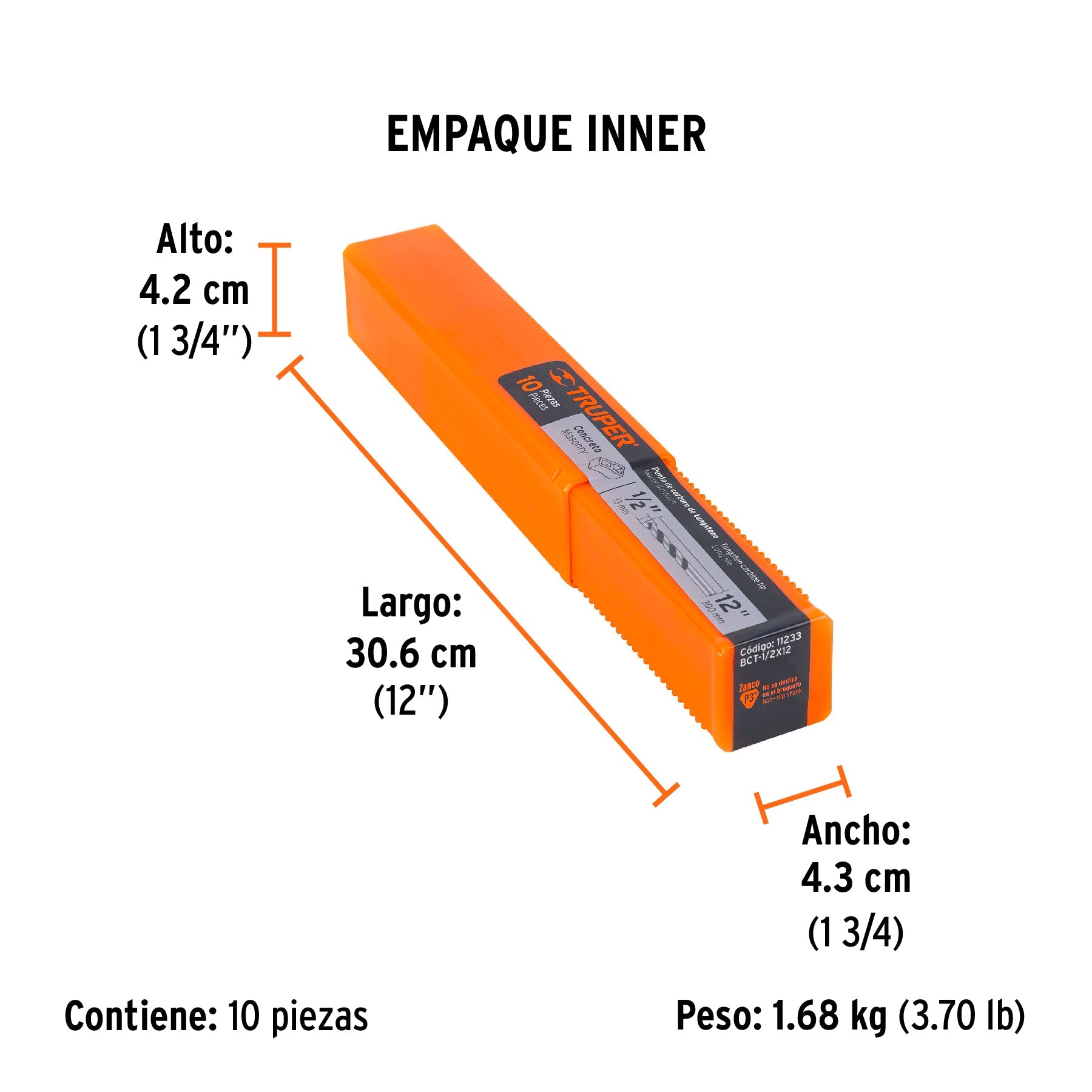 Broca para concreto de 1/2 x 12", TRUPER - Empaque
