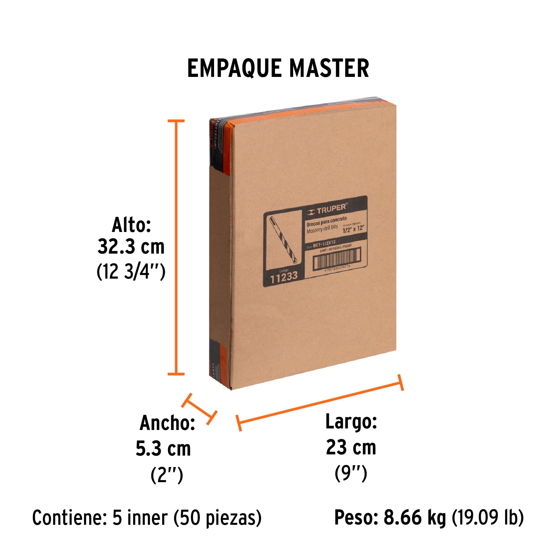 Broca para concreto de 1/2 x 12", TRUPER - Empaque