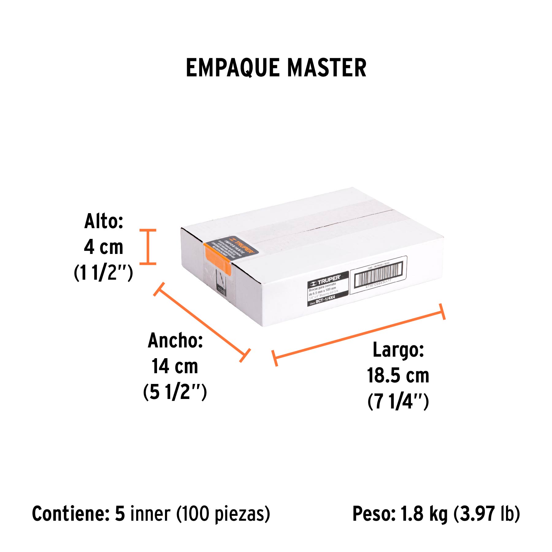 Broca para concreto de 1/4 x 4", TRUPER - Empaque