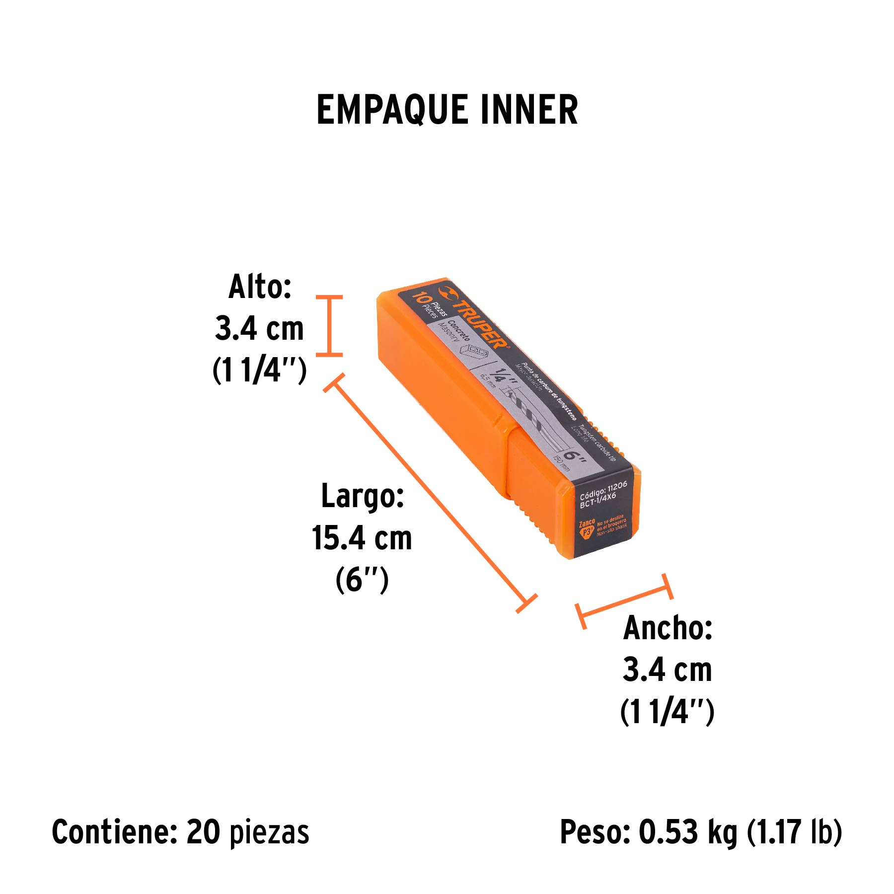 Broca para concreto de 1/4 x 6", TRUPER - Empaque