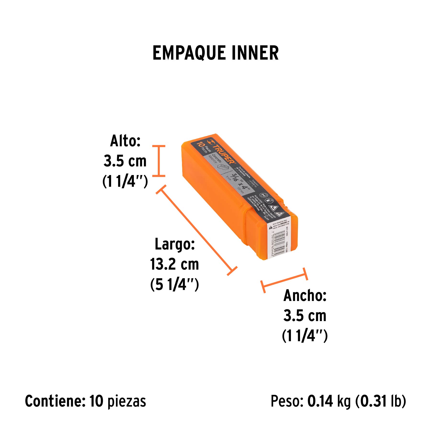 Broca para concreto de 3/16 x 4", TRUPER - Empaque