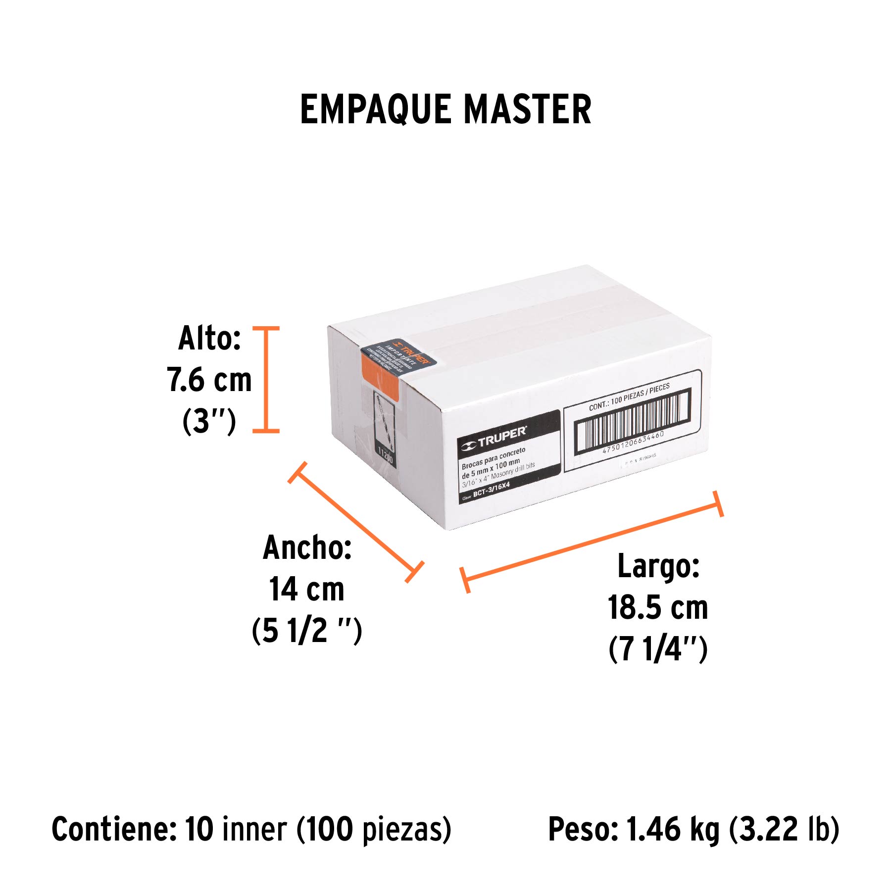 Broca para concreto de 3/16 x 4", TRUPER - Empaque