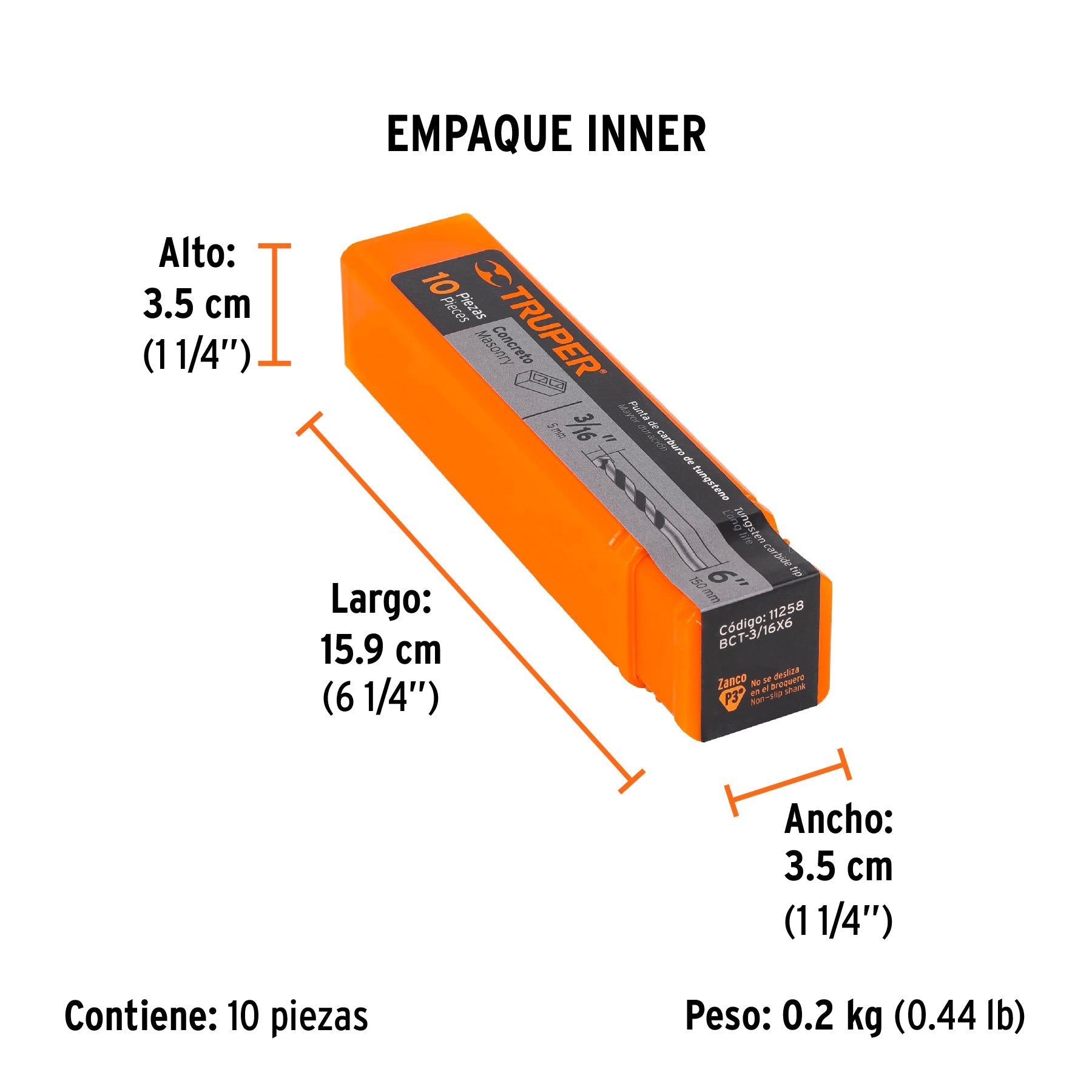 Broca para concreto de 3/16 x 6", TRUPER - Empaque