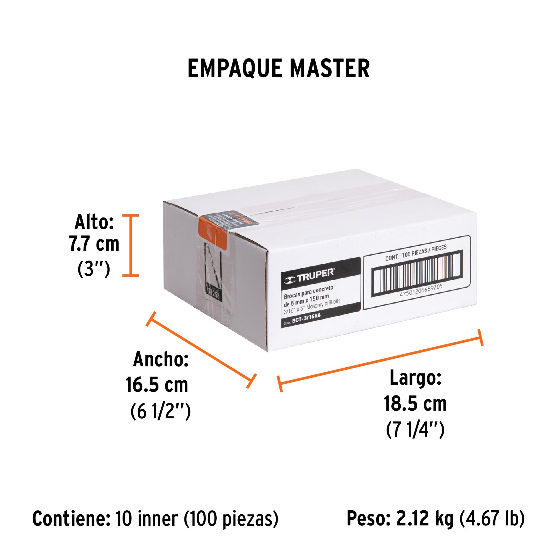 Broca para concreto de 3/16 x 6", TRUPER - Empaque