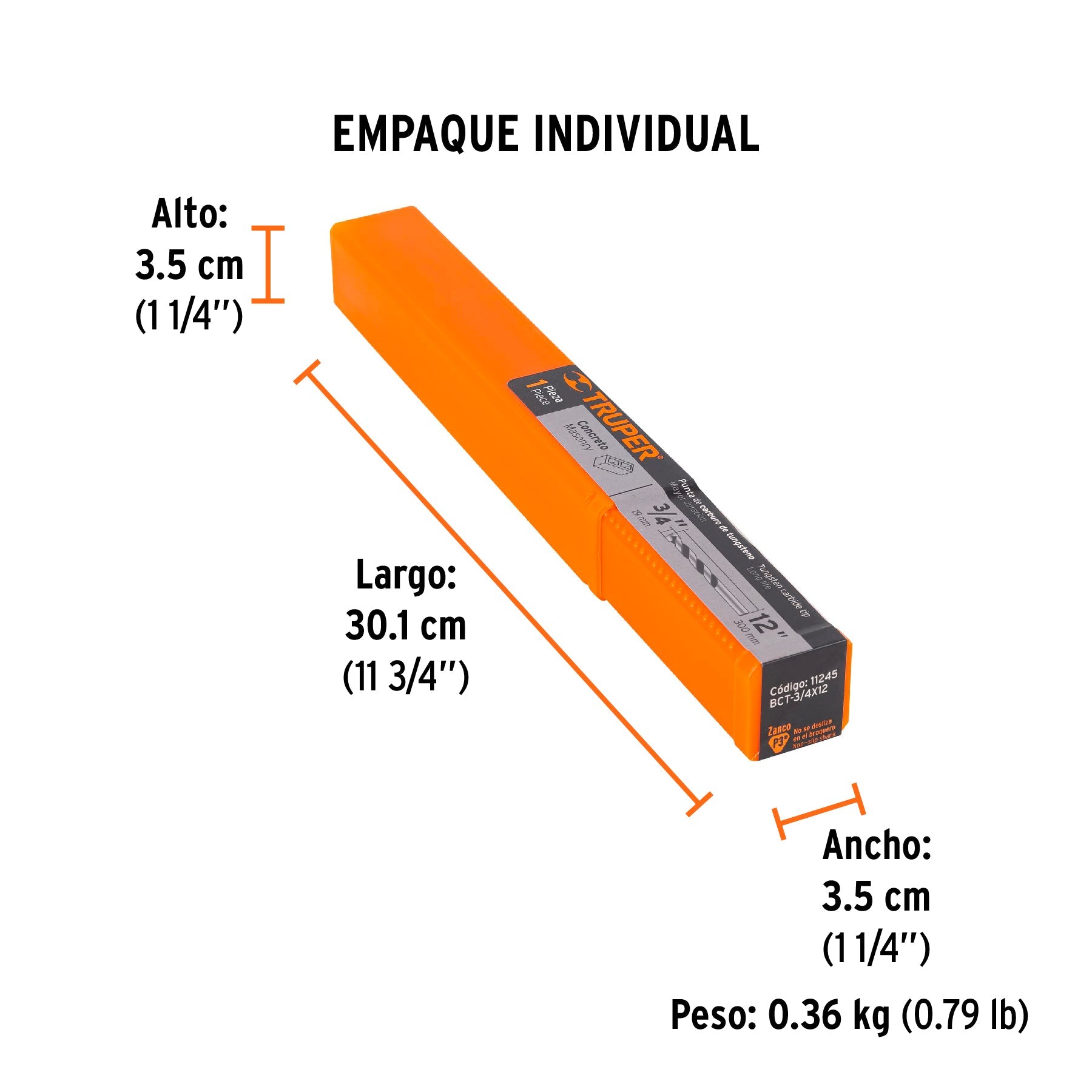Broca para concreto de 3/4 x 12", TRUPER - Empaque