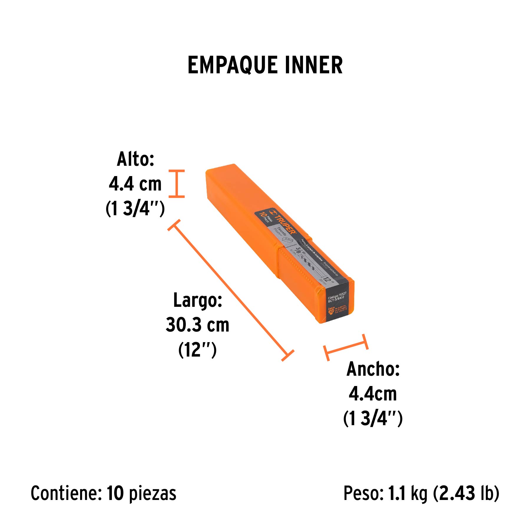 Broca para concreto de 3/8 x 12", TRUPER - Empaque