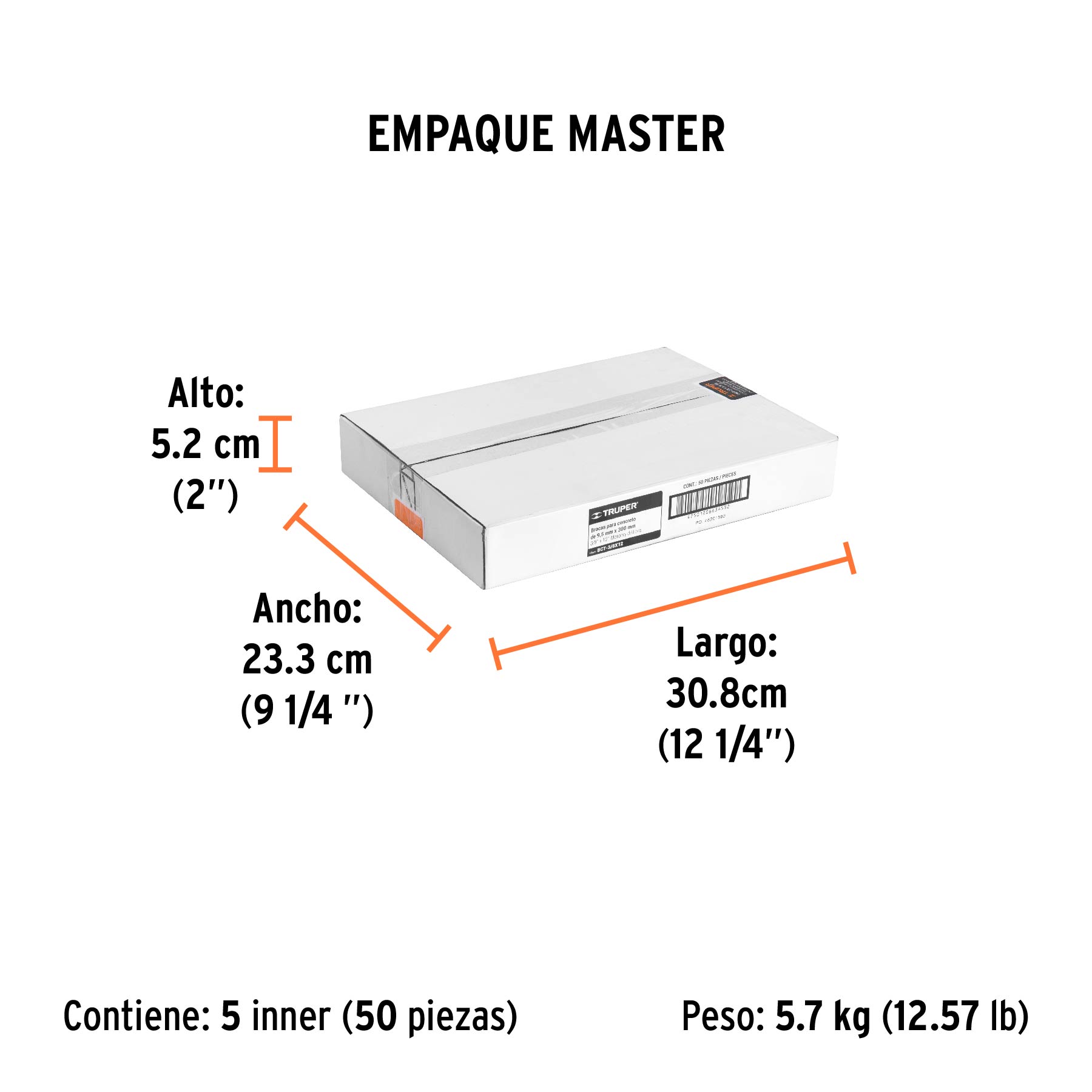 Broca para concreto de 3/8 x 12", TRUPER - Empaque