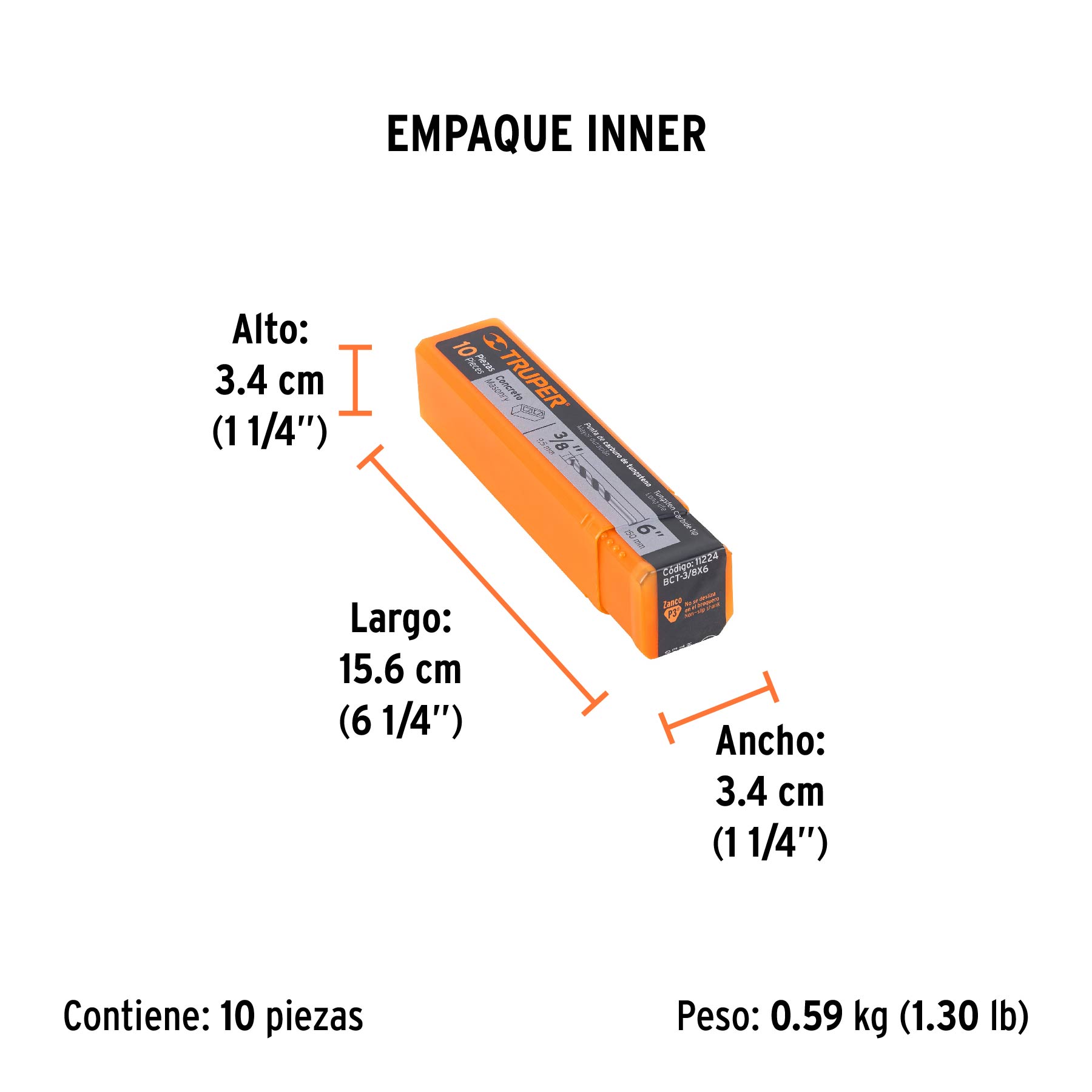Broca para concreto de 3/8 x 6", TRUPER - Empaque