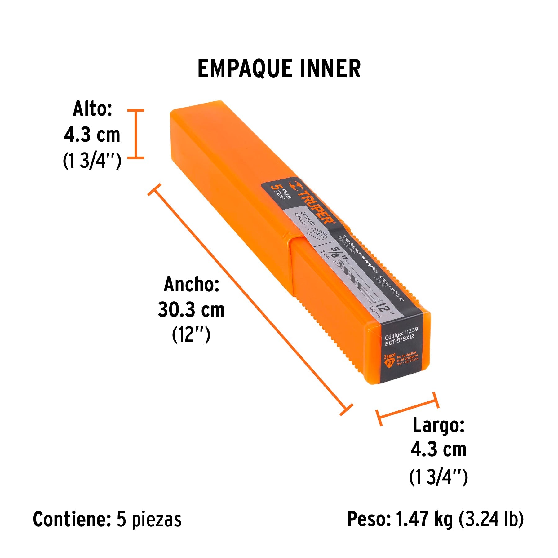 Broca para concreto de 5/8 x 12", TRUPER - Empaque