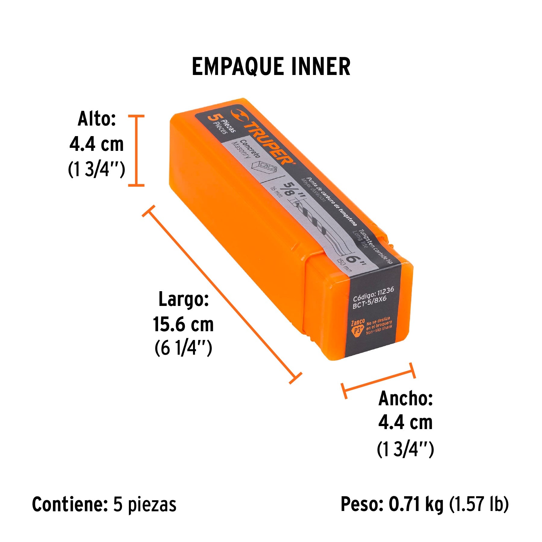Broca para concreto de 5/8 x 6", TRUPER - Empaque