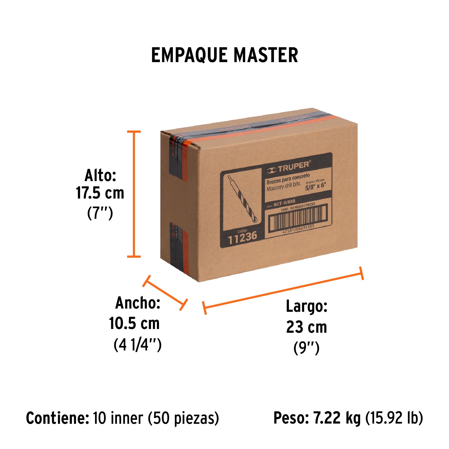 Broca para concreto de 5/8 x 6", TRUPER - Empaque
