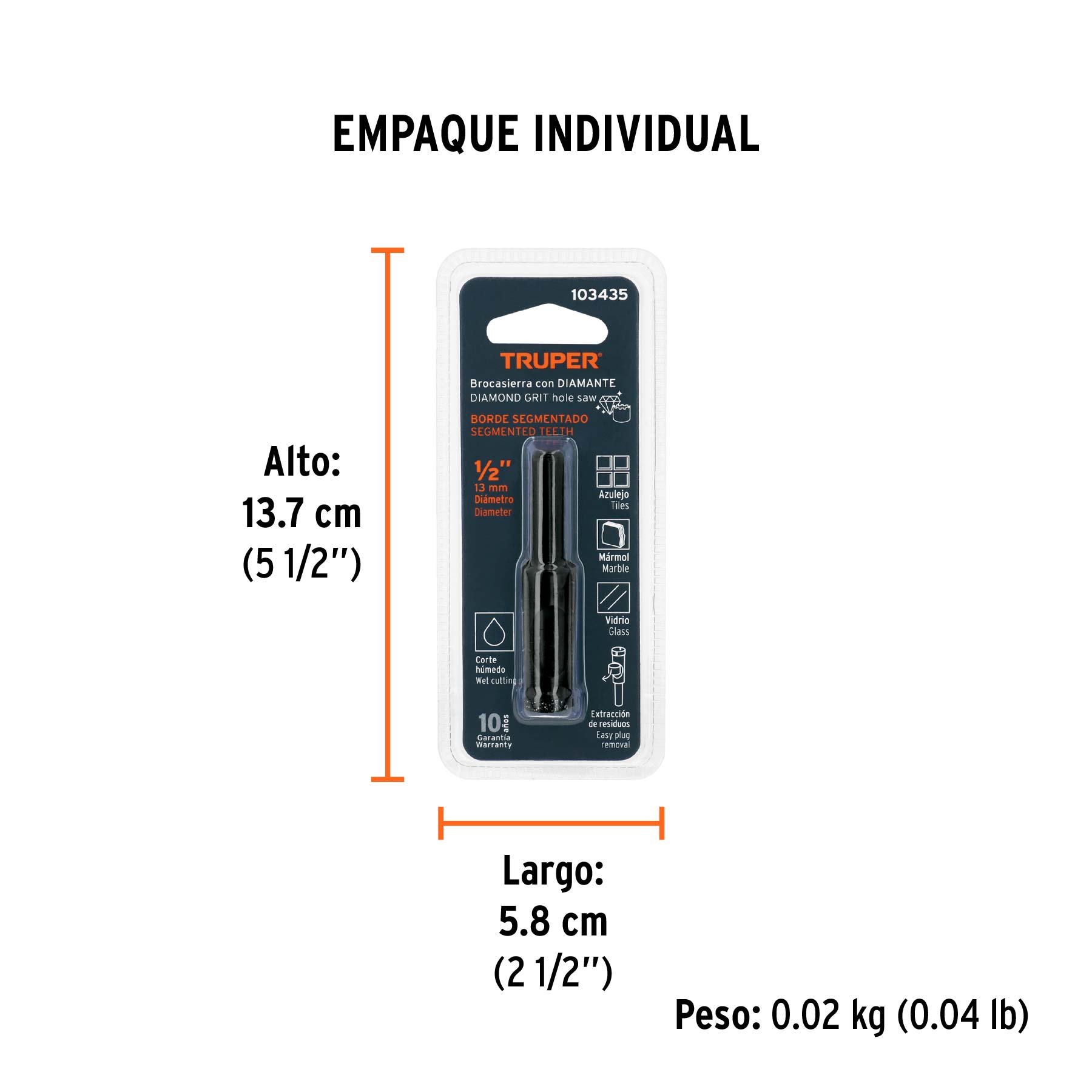 Broca diamantada 1/2" (13 mm), TRUPER - Empaque