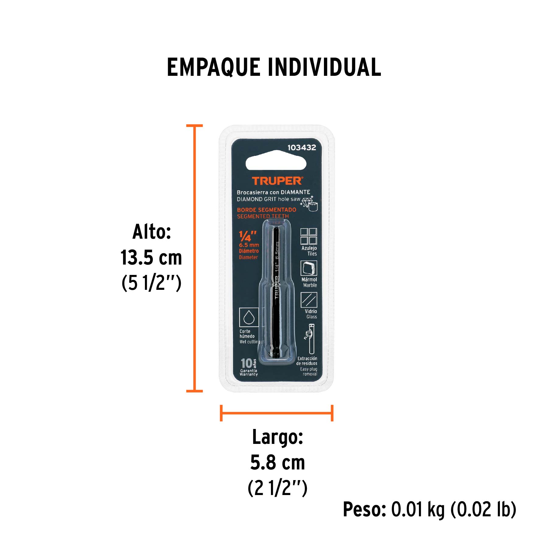 Broca diamantada 1/4" (6 mm), TRUPER - Empaque