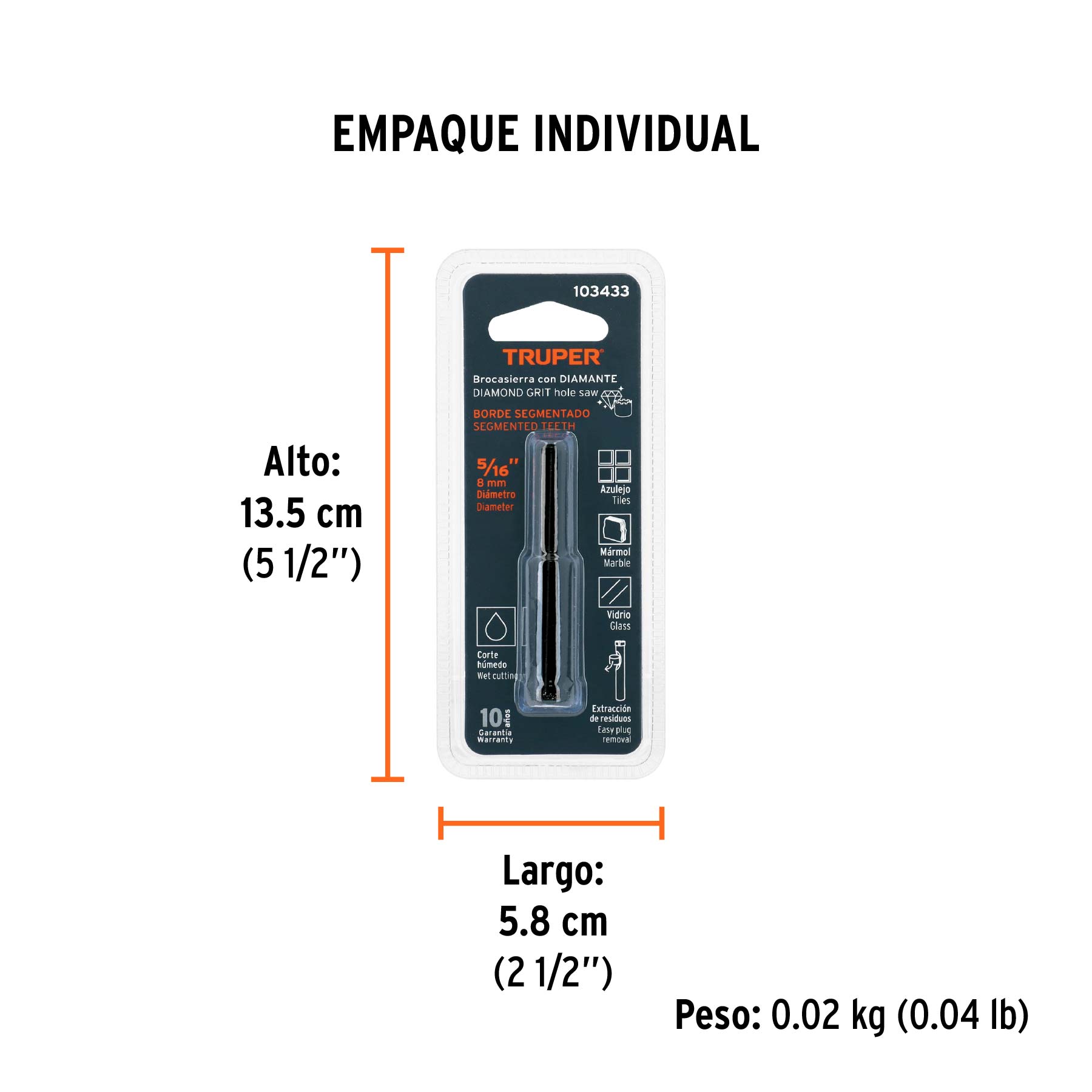 Broca diamantada 5/16" (8 mm), TRUPER - Empaque