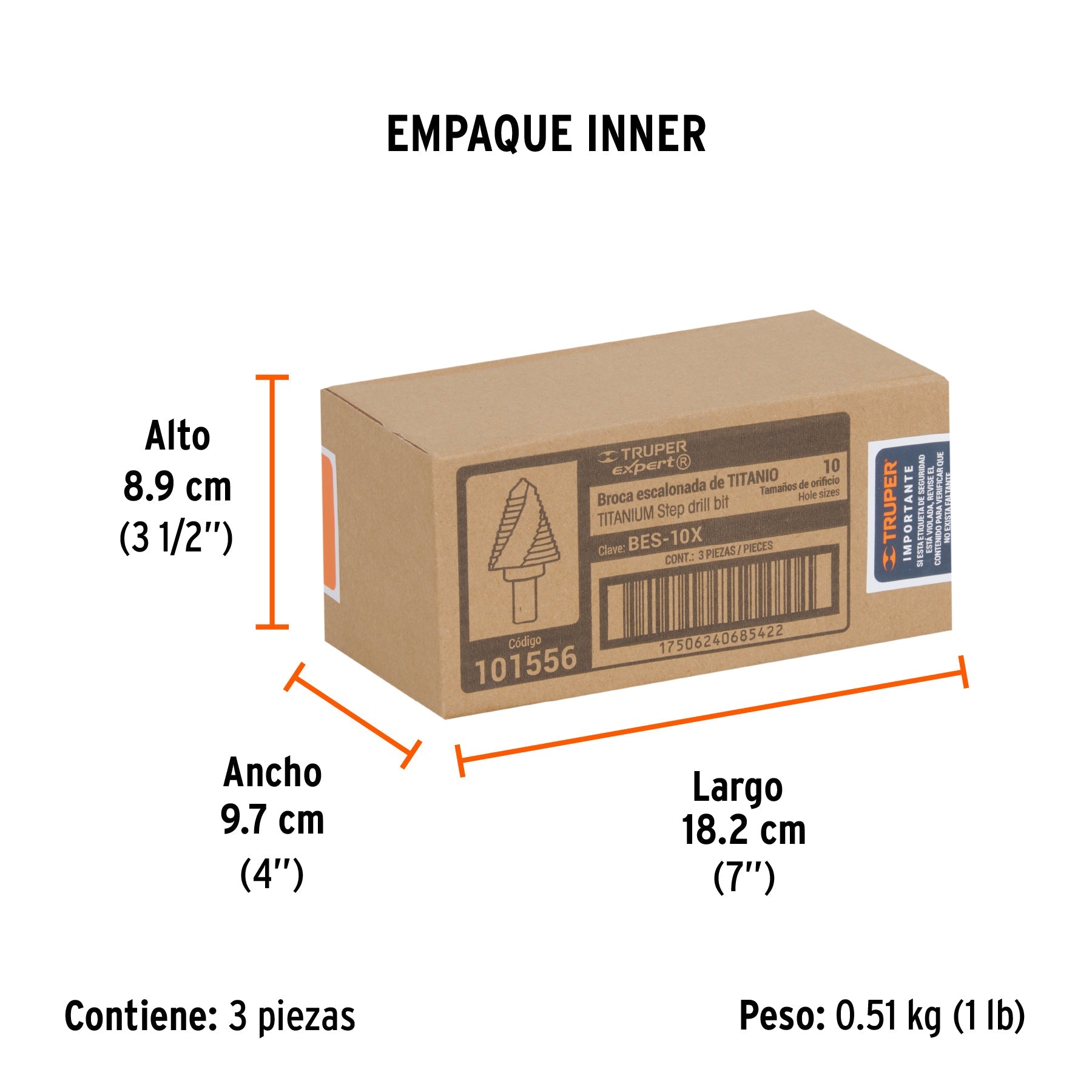 Broca escalonada titanio 10 escalones 1/4" a 1-3/8", EXPERT - Empaque