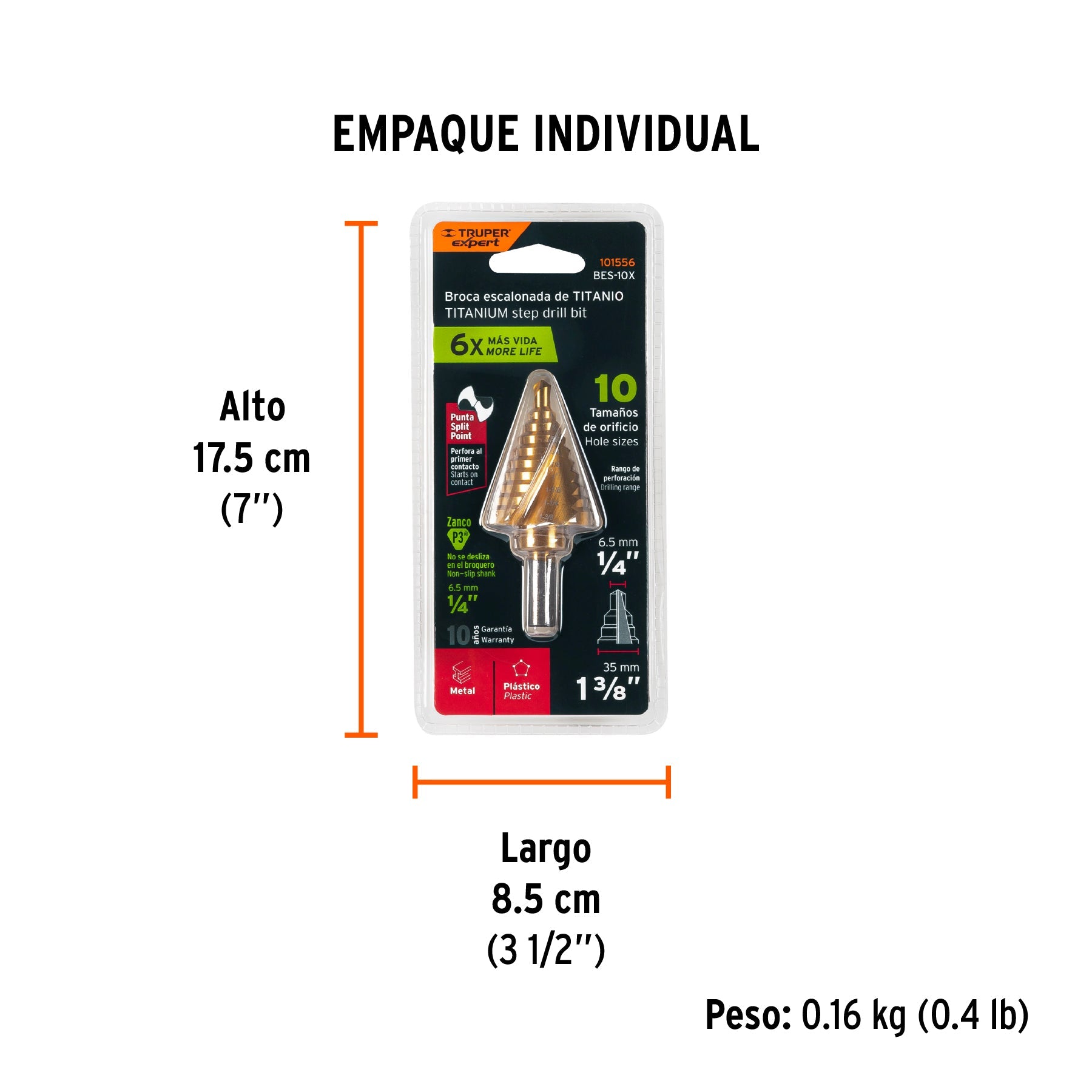 Broca escalonada titanio 10 escalones 1/4" a 1-3/8", EXPERT - Empaque