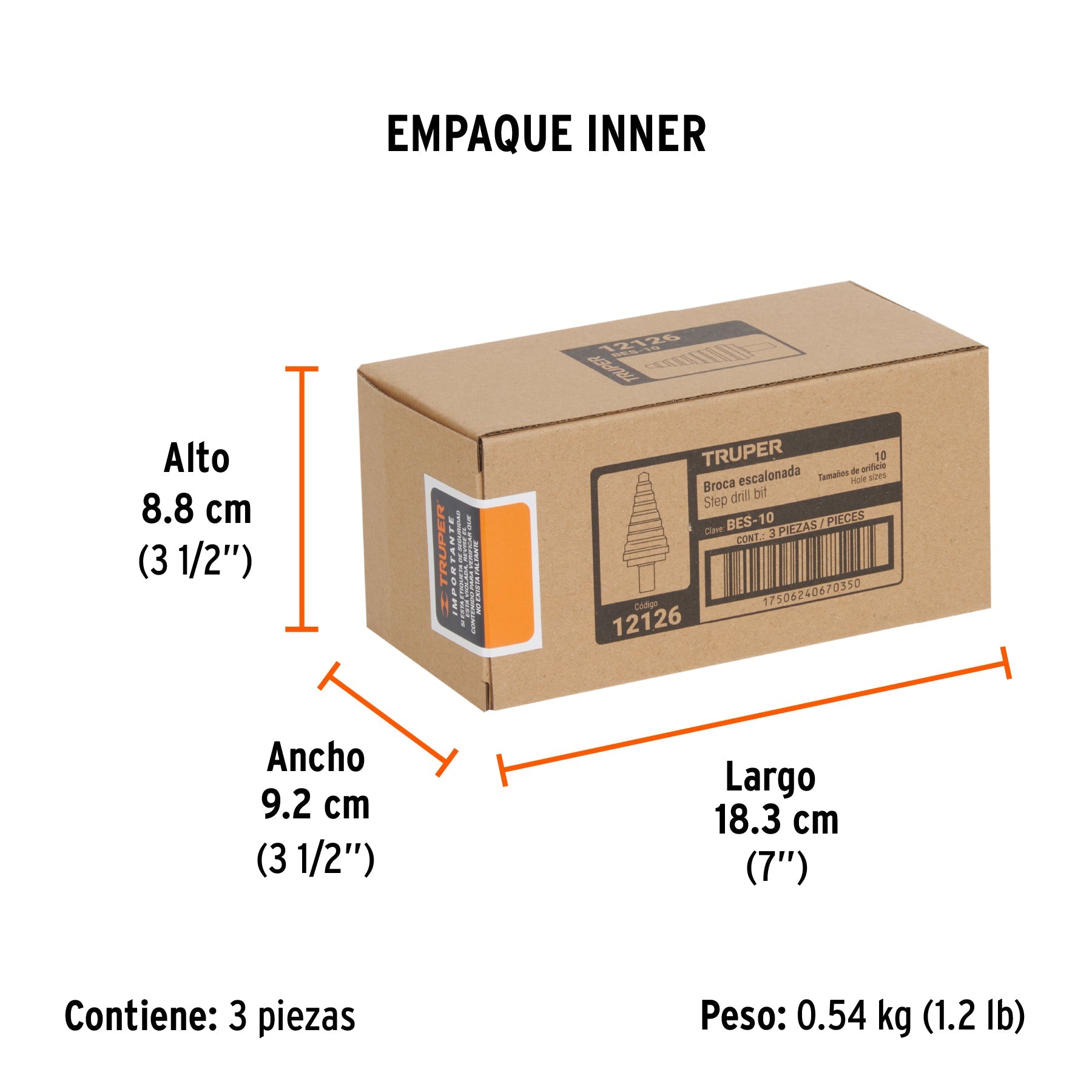 Broca escalonada óxido negro 10escalones 1/4 a 1-3/8",Truper - Empaque