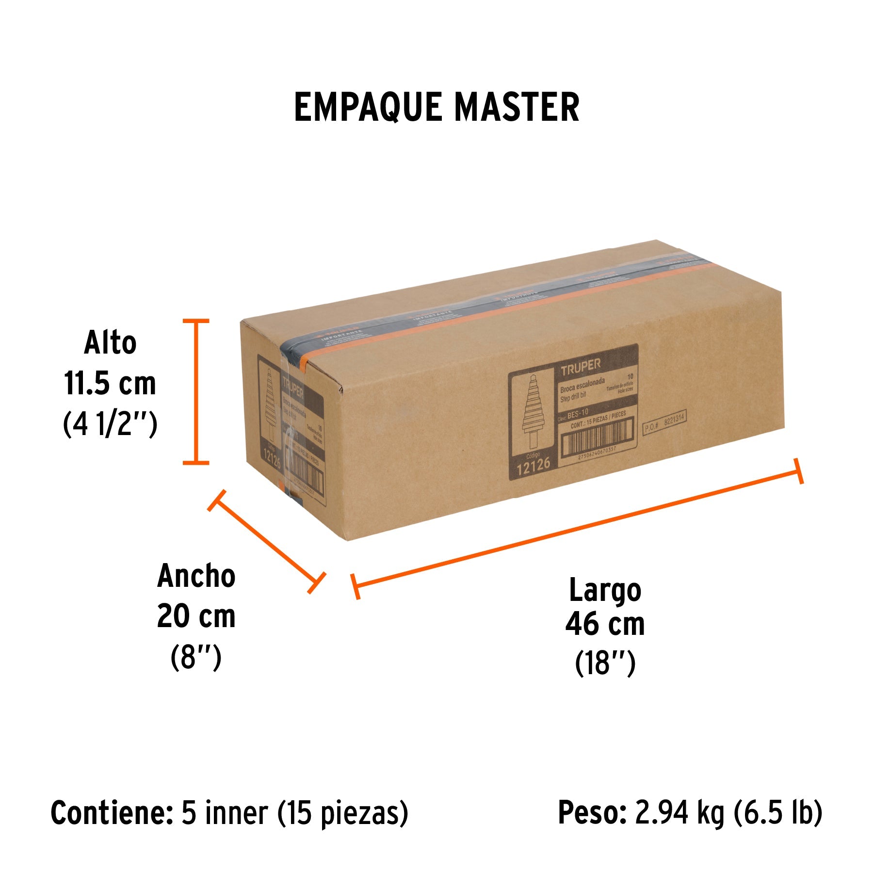 Broca escalonada óxido negro 10escalones 1/4 a 1-3/8",Truper - Empaque