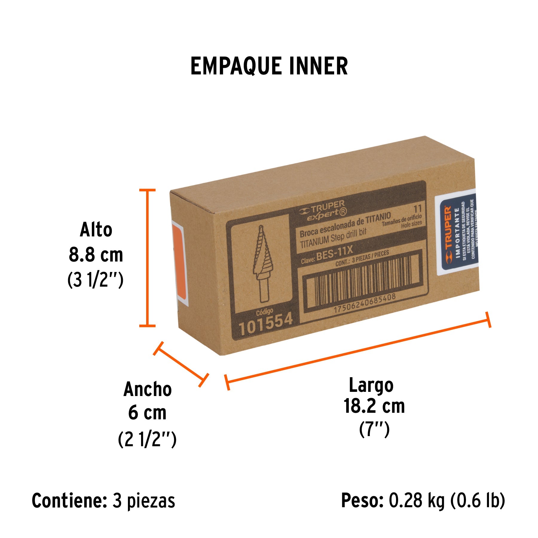 Broca escalonada titanio 11 escalones 1/4" a 7/8", EXPERT - Empaque