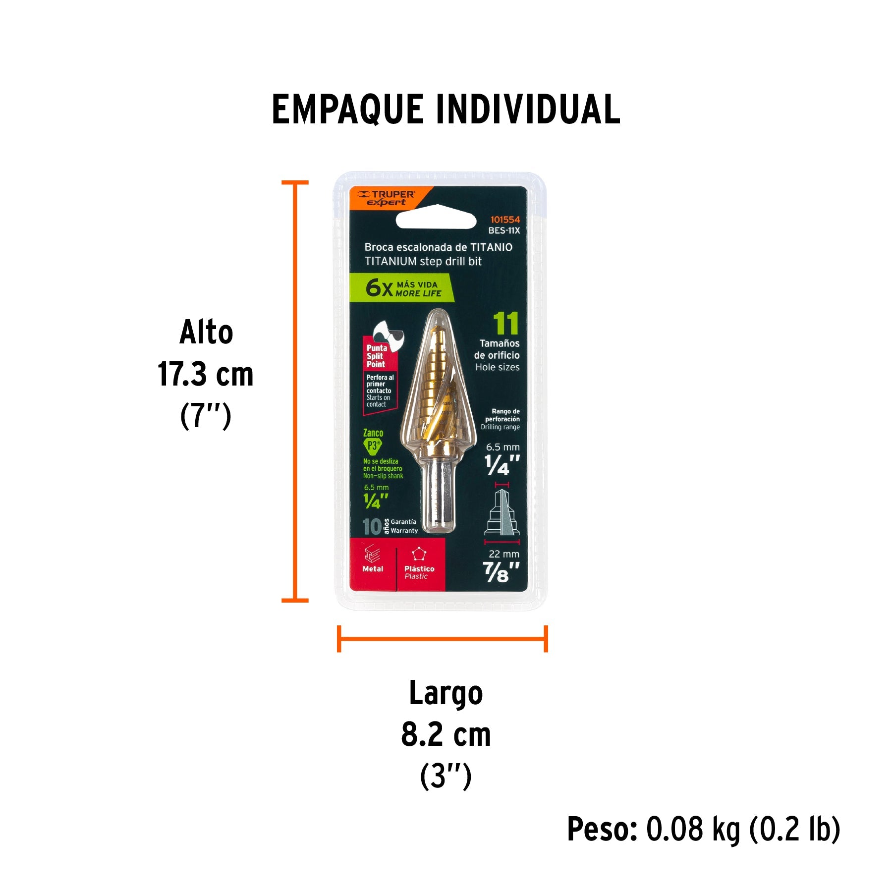 Broca escalonada titanio 11 escalones 1/4" a 7/8", EXPERT - Empaque