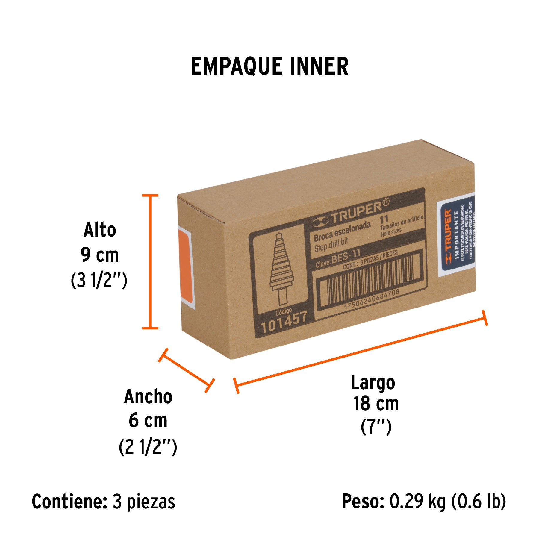 Broca escalonada óxido negro 11 escalones 1/4" a 7/8",Truper - Empaque