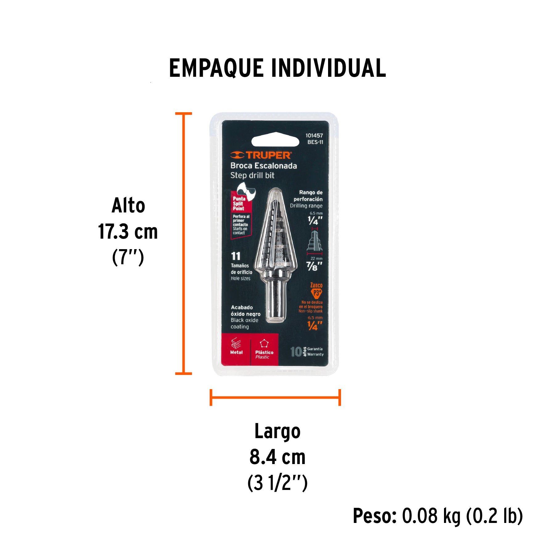 Broca escalonada óxido negro 11 escalones 1/4" a 7/8",Truper - Empaque