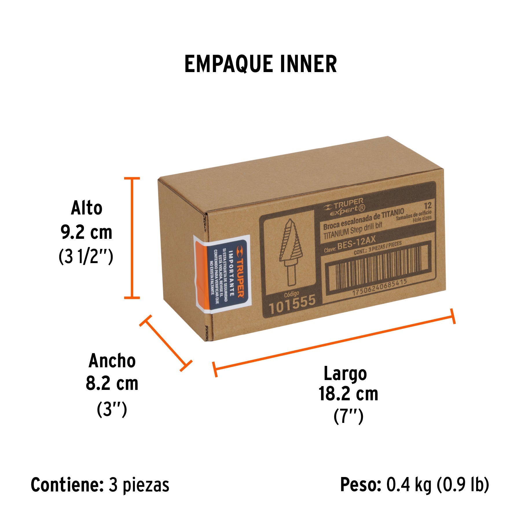 Broca escalonada titanio 12 escalones 7/16" a 1-1/8", EXPERT - Empaque