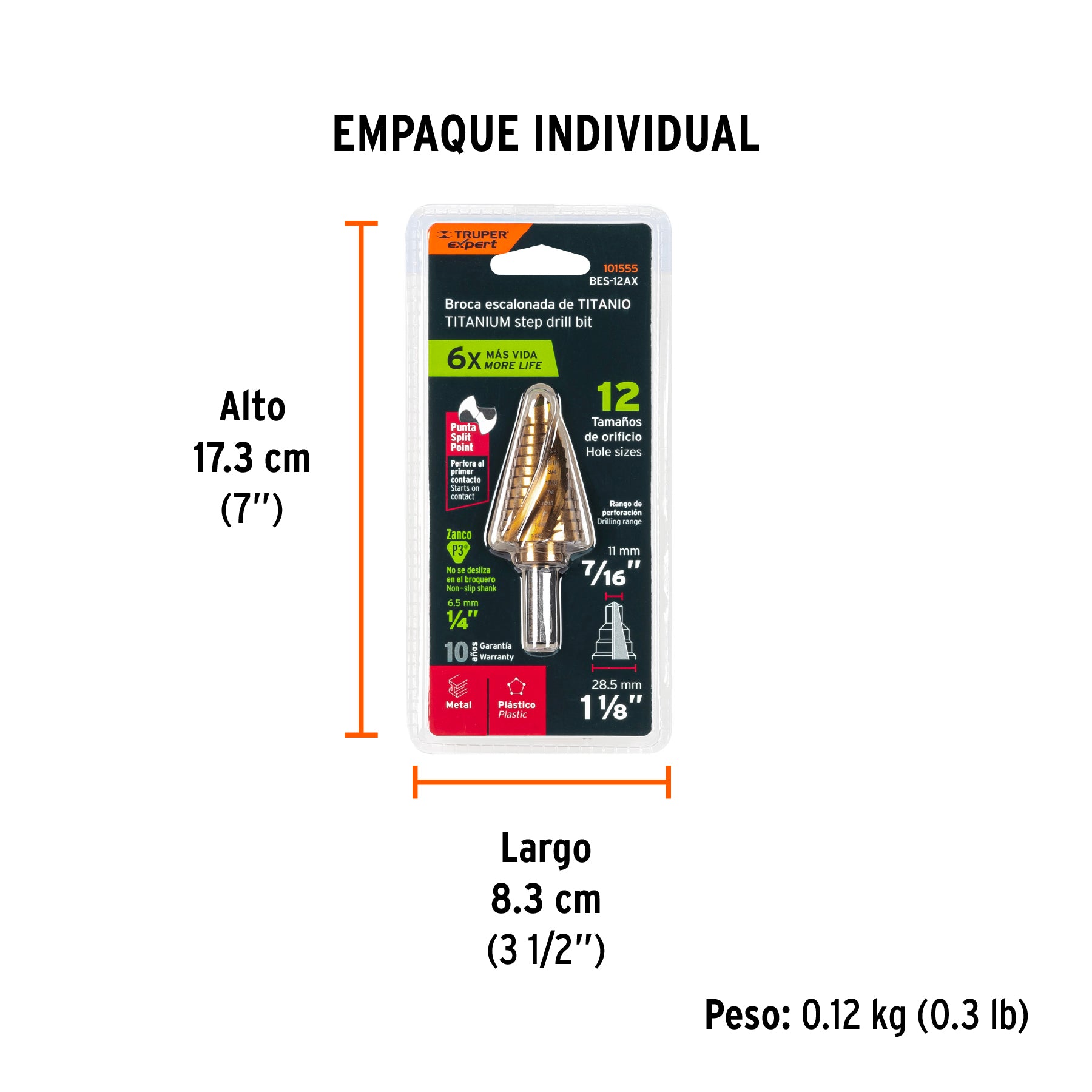 Broca escalonada titanio 12 escalones 7/16" a 1-1/8", EXPERT - Empaque