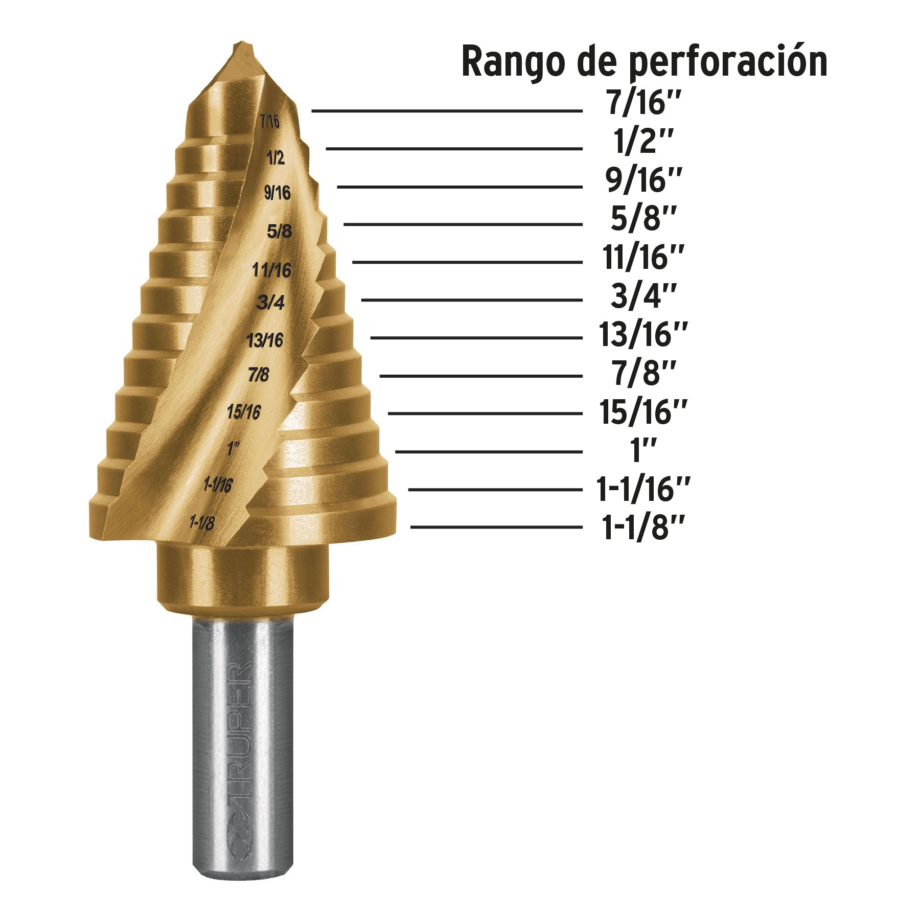Broca escalonada titanio 12 escalones 7/16" a 1-1/8", EXPERT