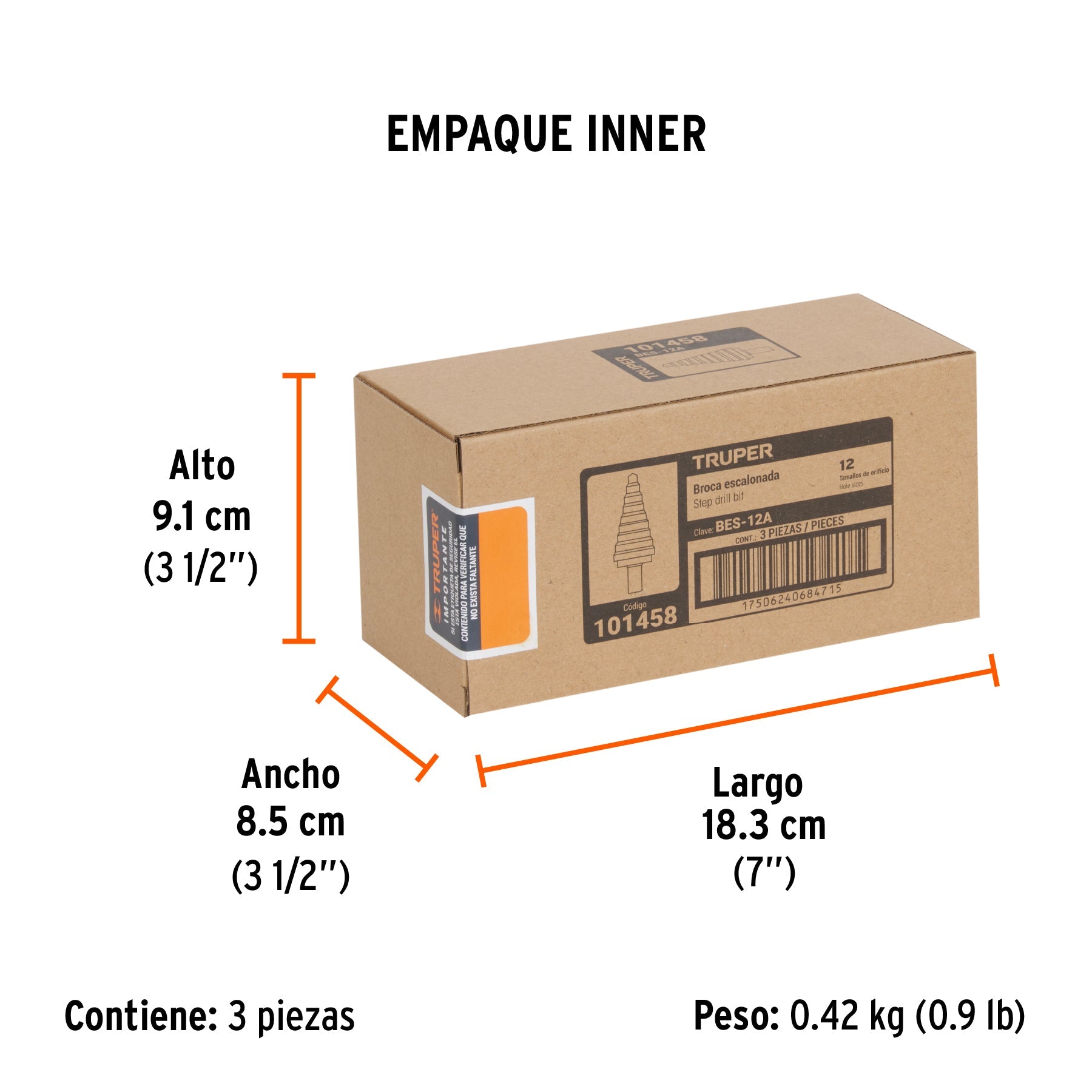 Broca escalonada óxido negro 12escalones 7/16 a 1-1/8,Truper - Empaque