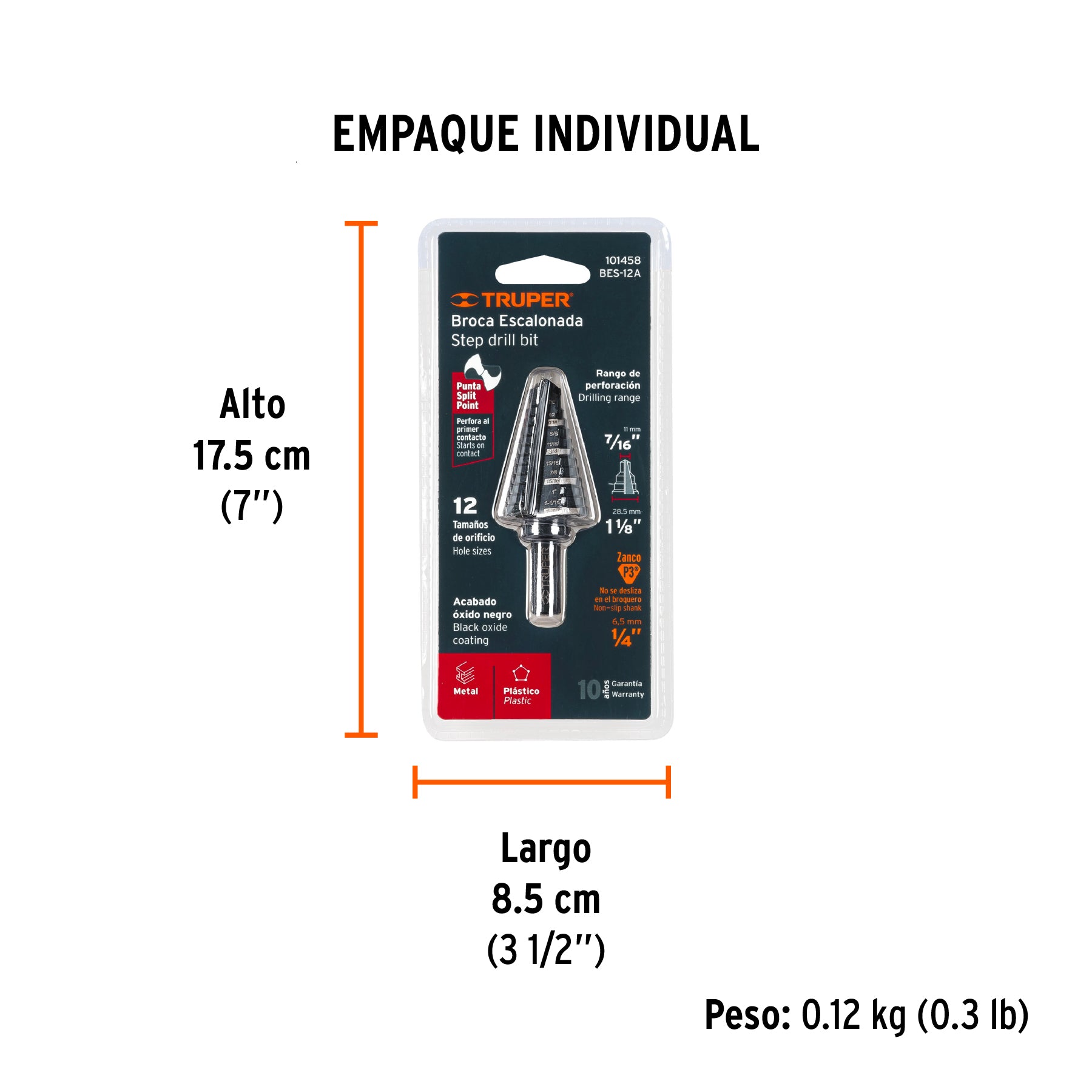 Broca escalonada óxido negro 12escalones 7/16 a 1-1/8,Truper - Empaque