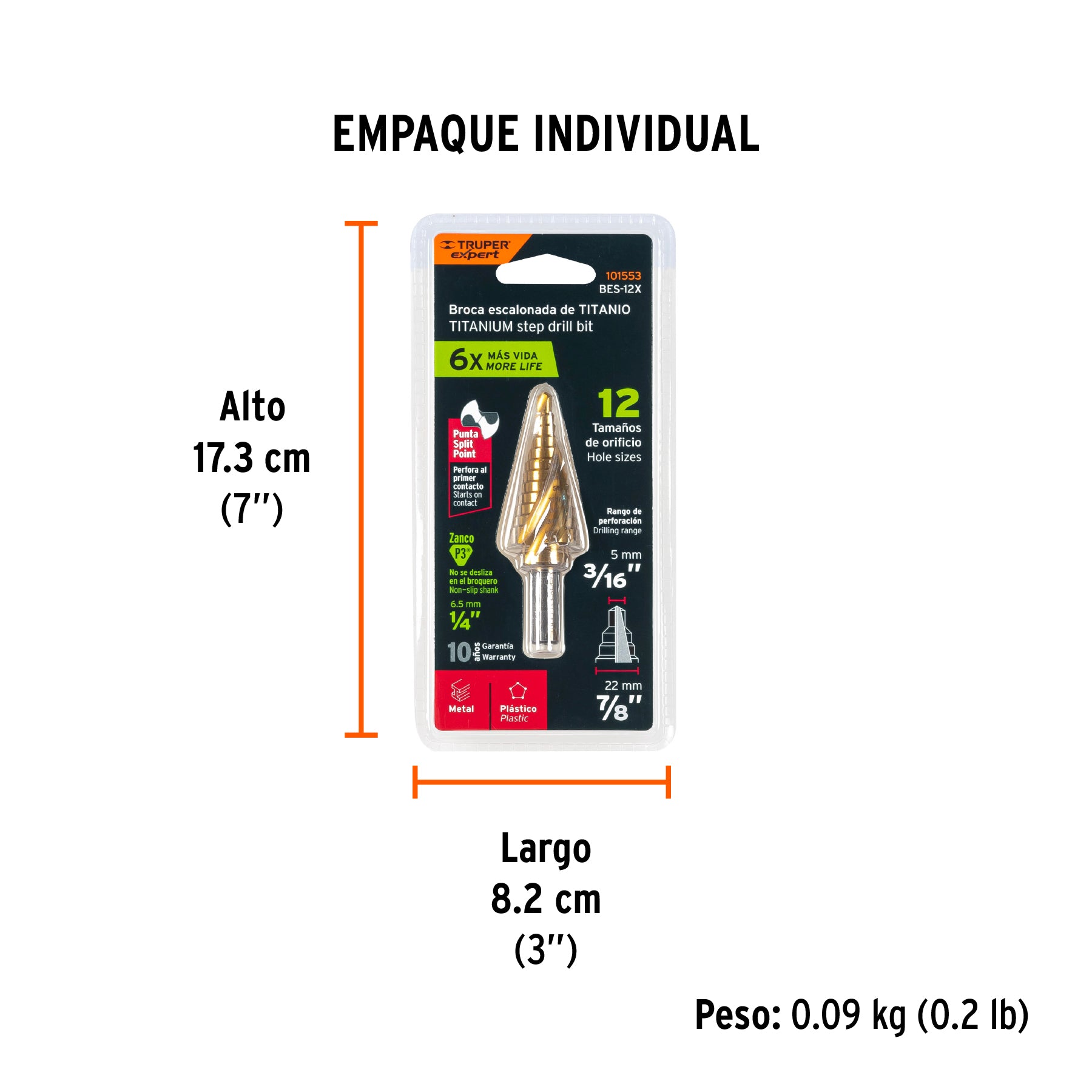 Broca escalonada titanio 12 escalones 3/16" a 7/8", EXPERT - Empaque