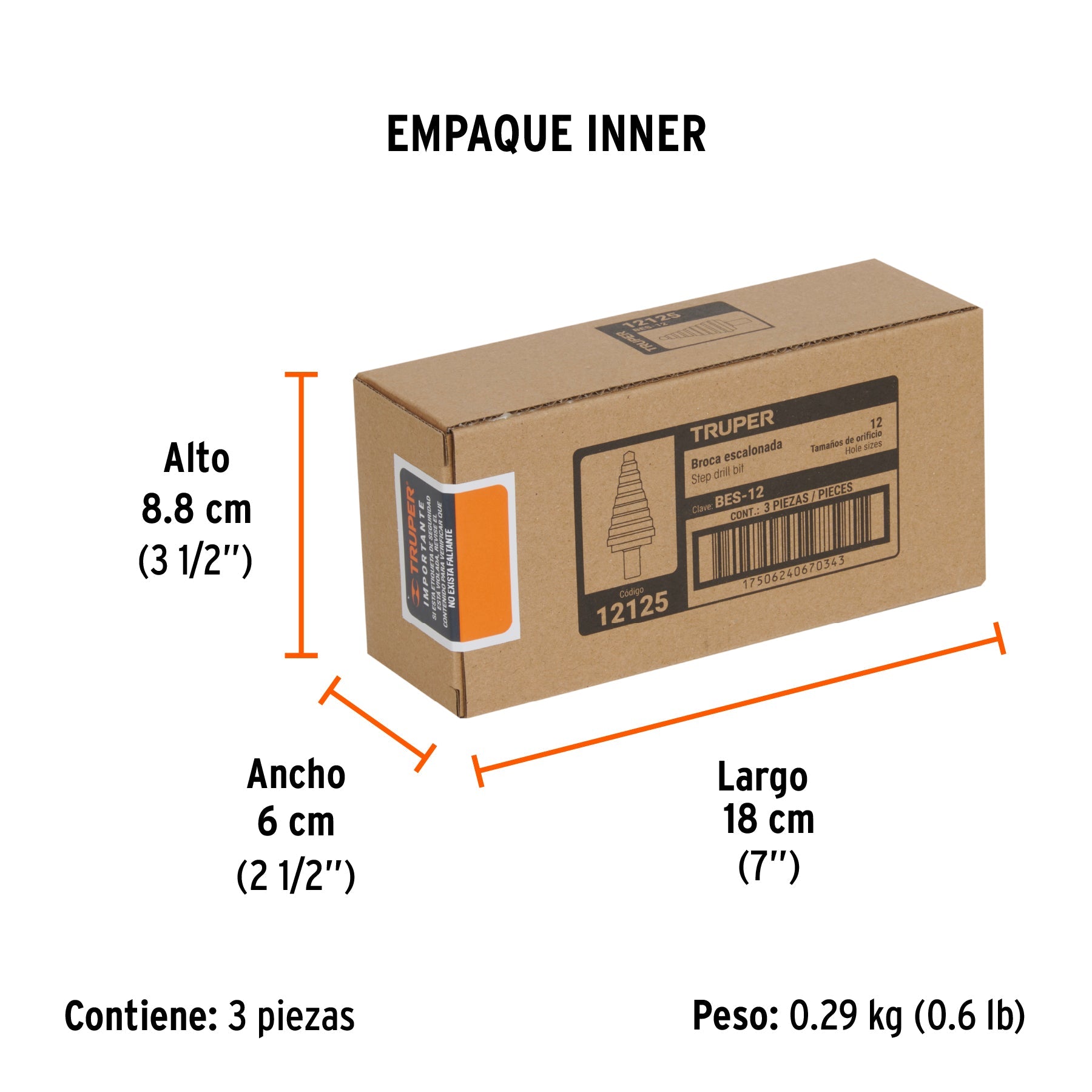 Broca escalonada óxido negro 12escalones 3/16" a 7/8",Truper - Empaque