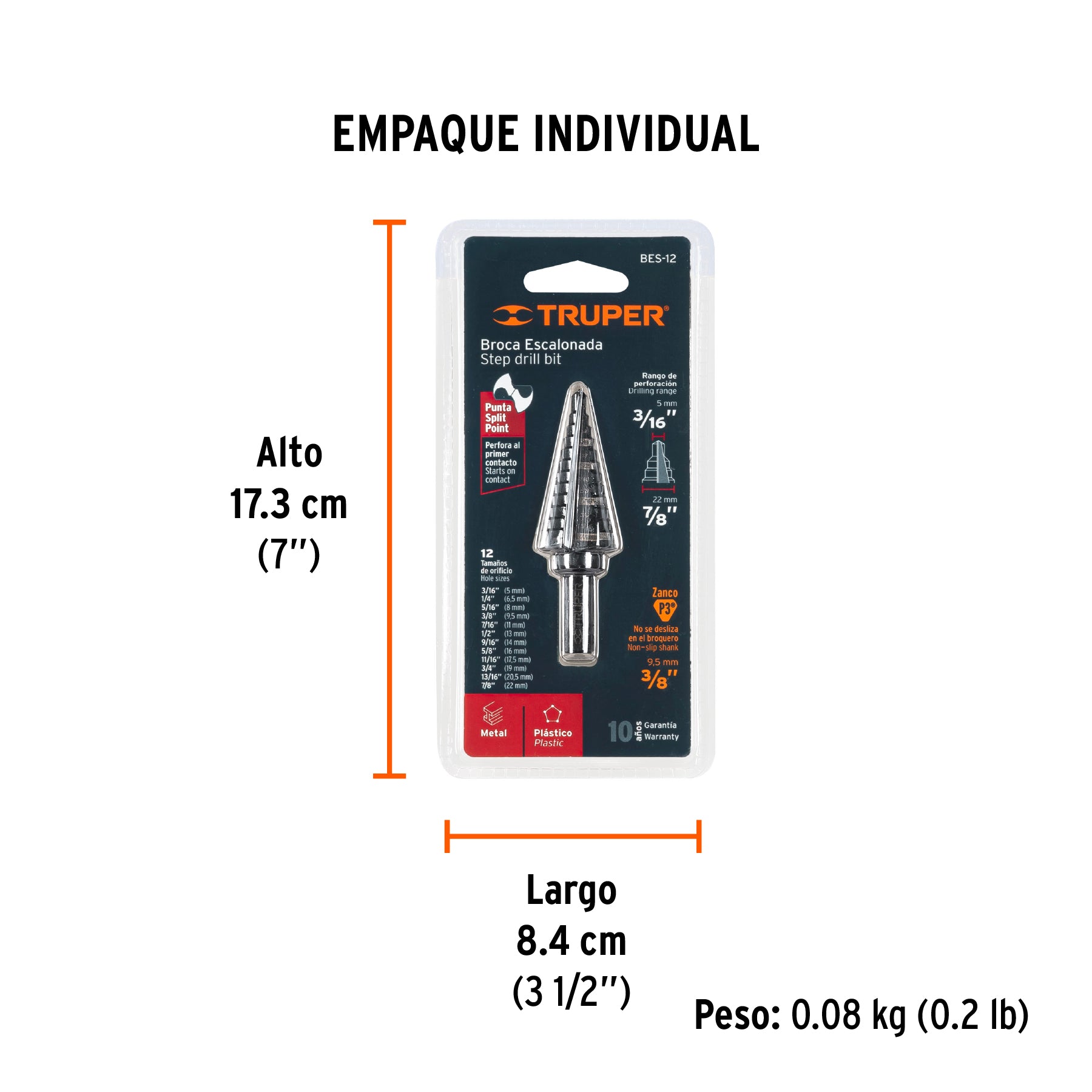 Broca escalonada óxido negro 12escalones 3/16" a 7/8",Truper - Empaque