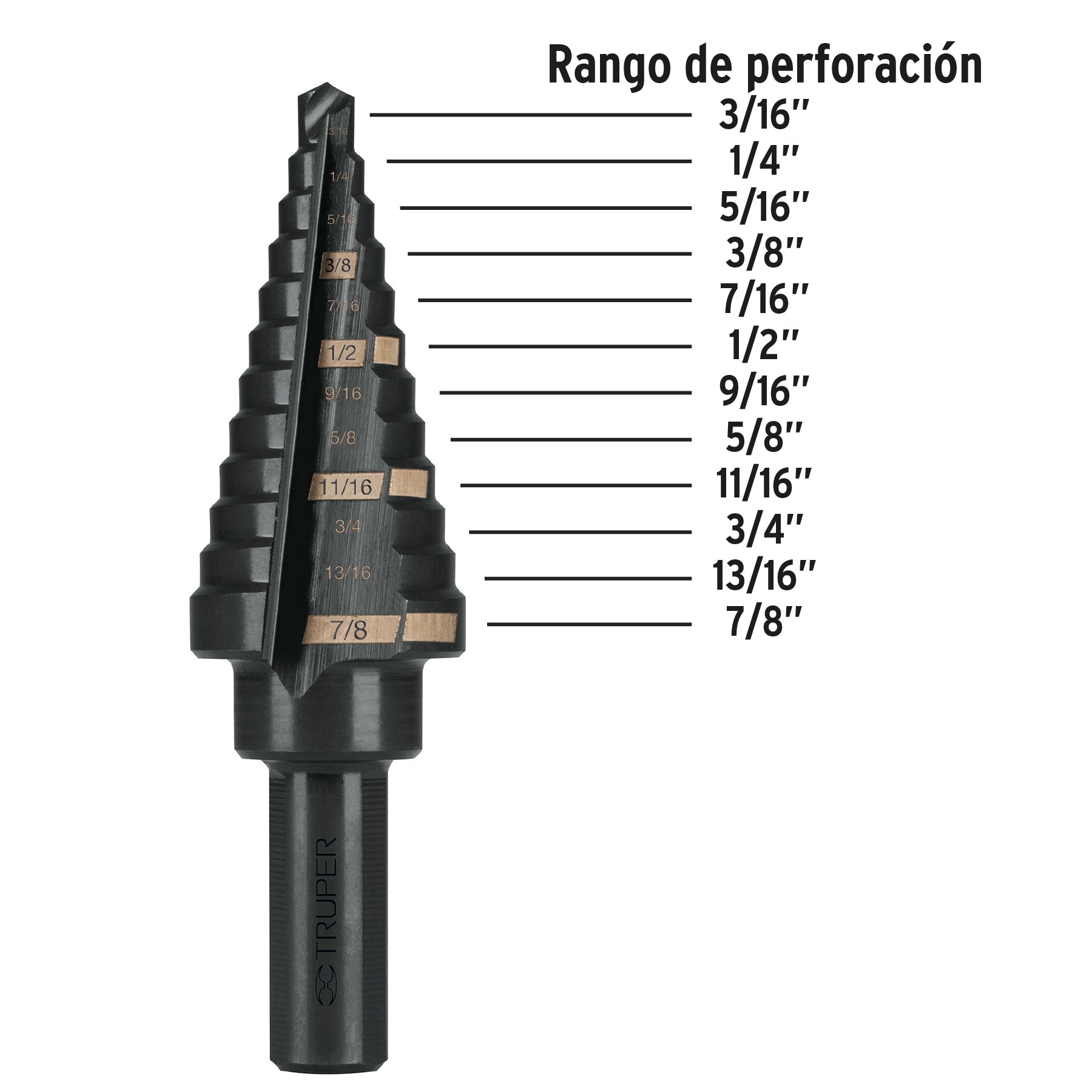 Broca escalonada óxido negro 12escalones 3/16" a 7/8",Truper
