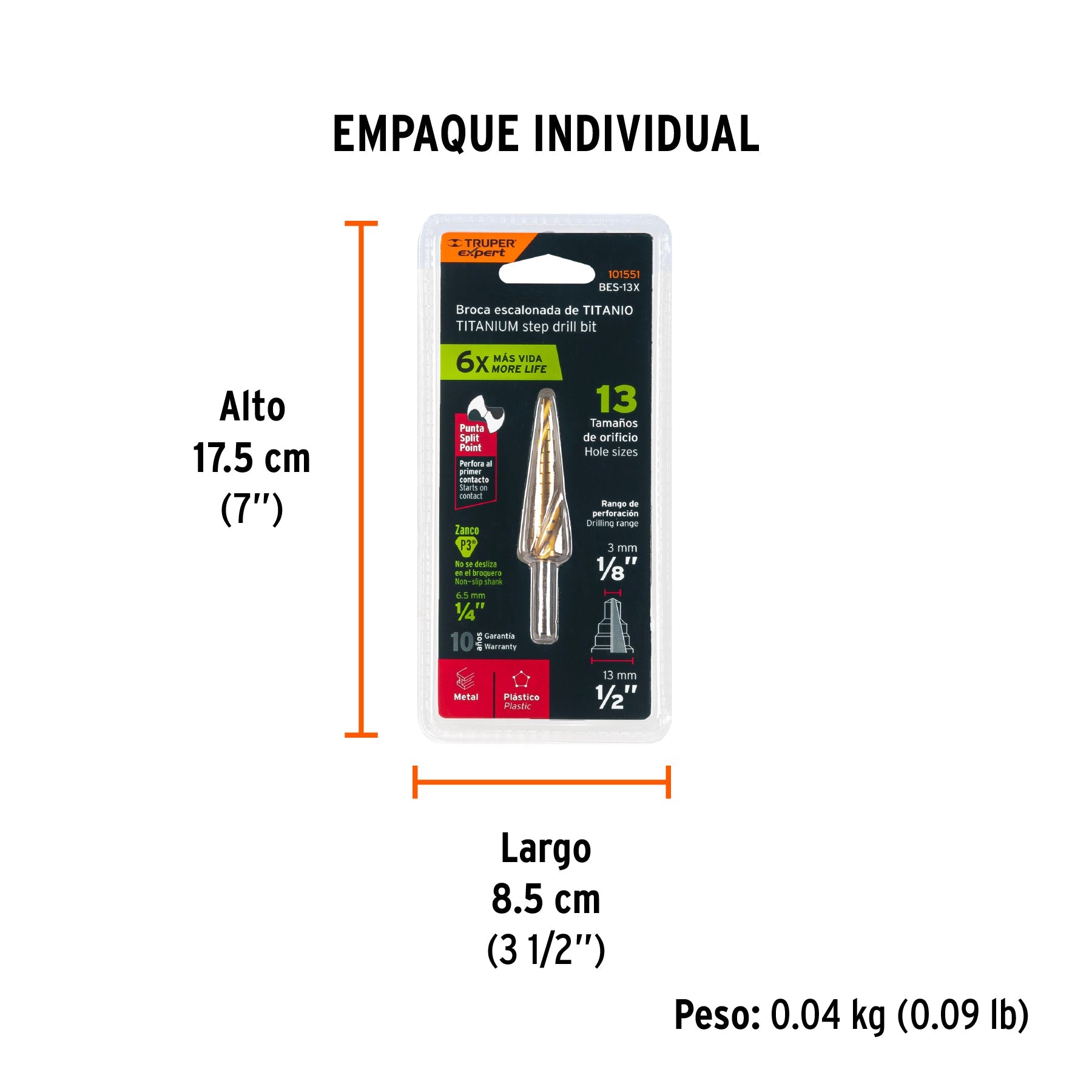 Broca escalonada titanio 13 escalones 1/8" a 1/2", EXPERT - Empaque