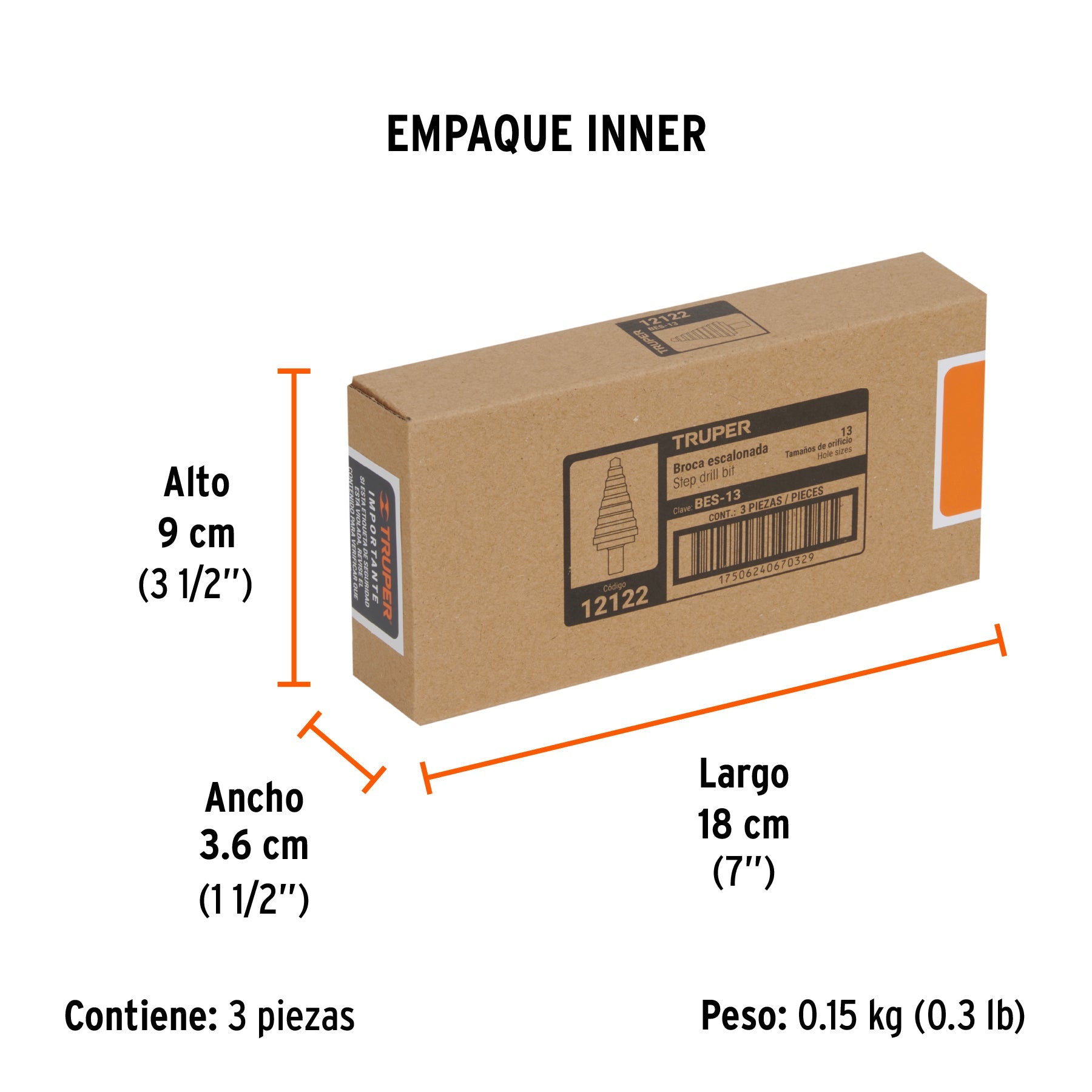 Broca escalonada óxido negro 13 escalones 1/8" a 1/2",Truper - Empaque