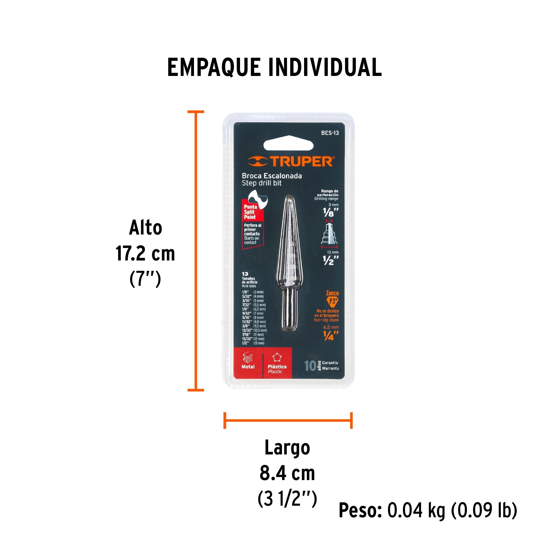 Broca escalonada óxido negro 13 escalones 1/8" a 1/2",Truper - Empaque