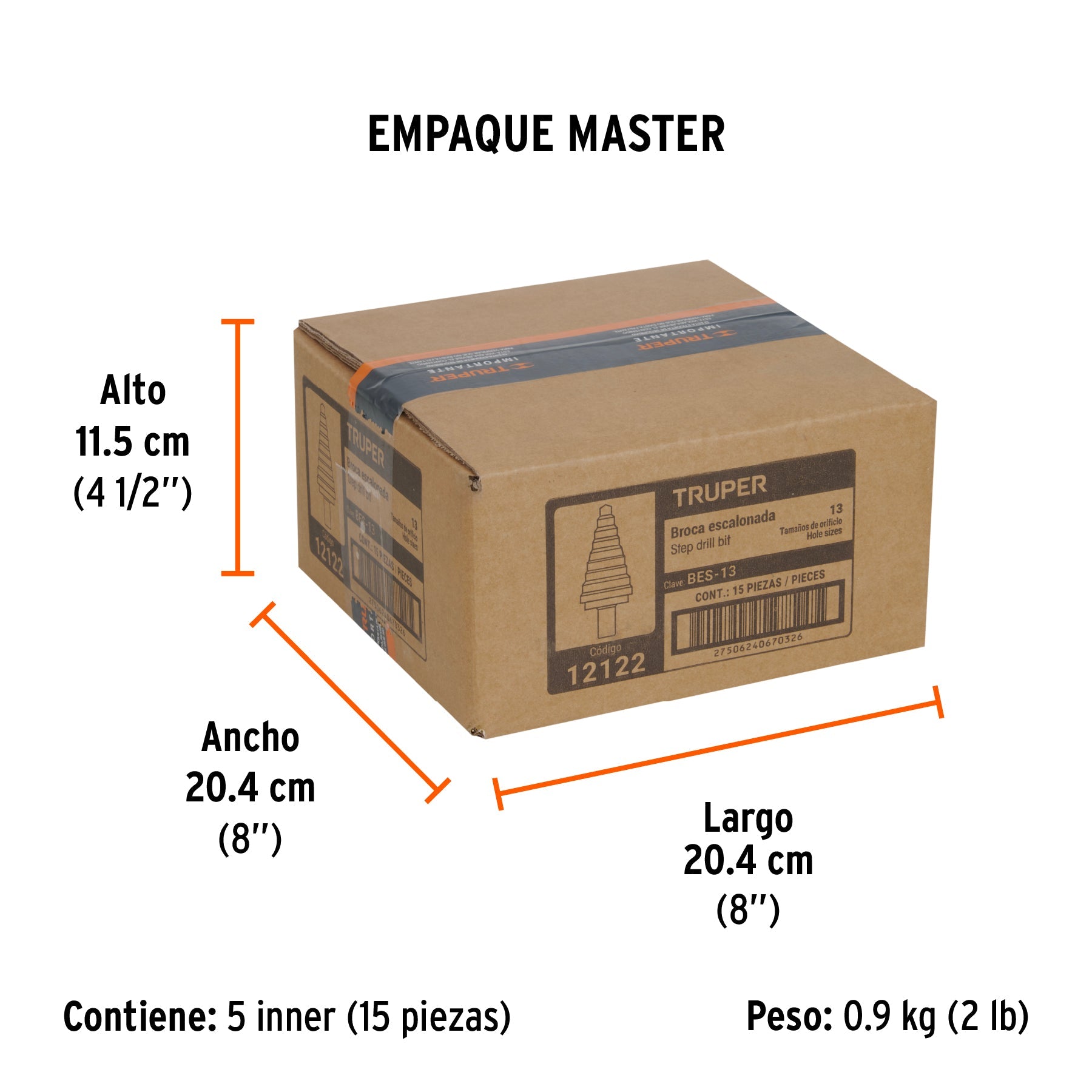 Broca escalonada óxido negro 13 escalones 1/8" a 1/2",Truper - Empaque