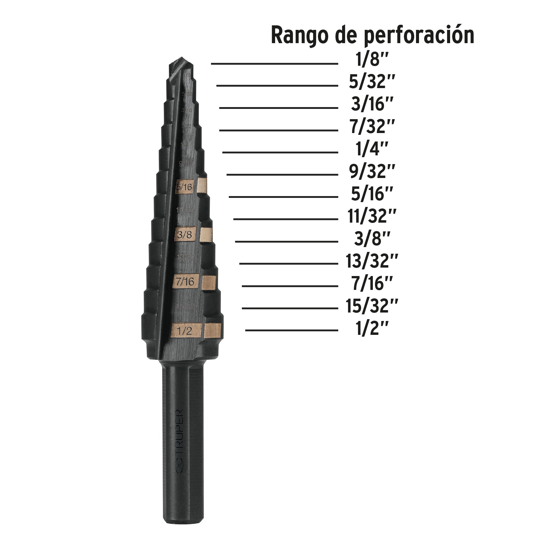 Broca escalonada óxido negro 13 escalones 1/8" a 1/2",Truper