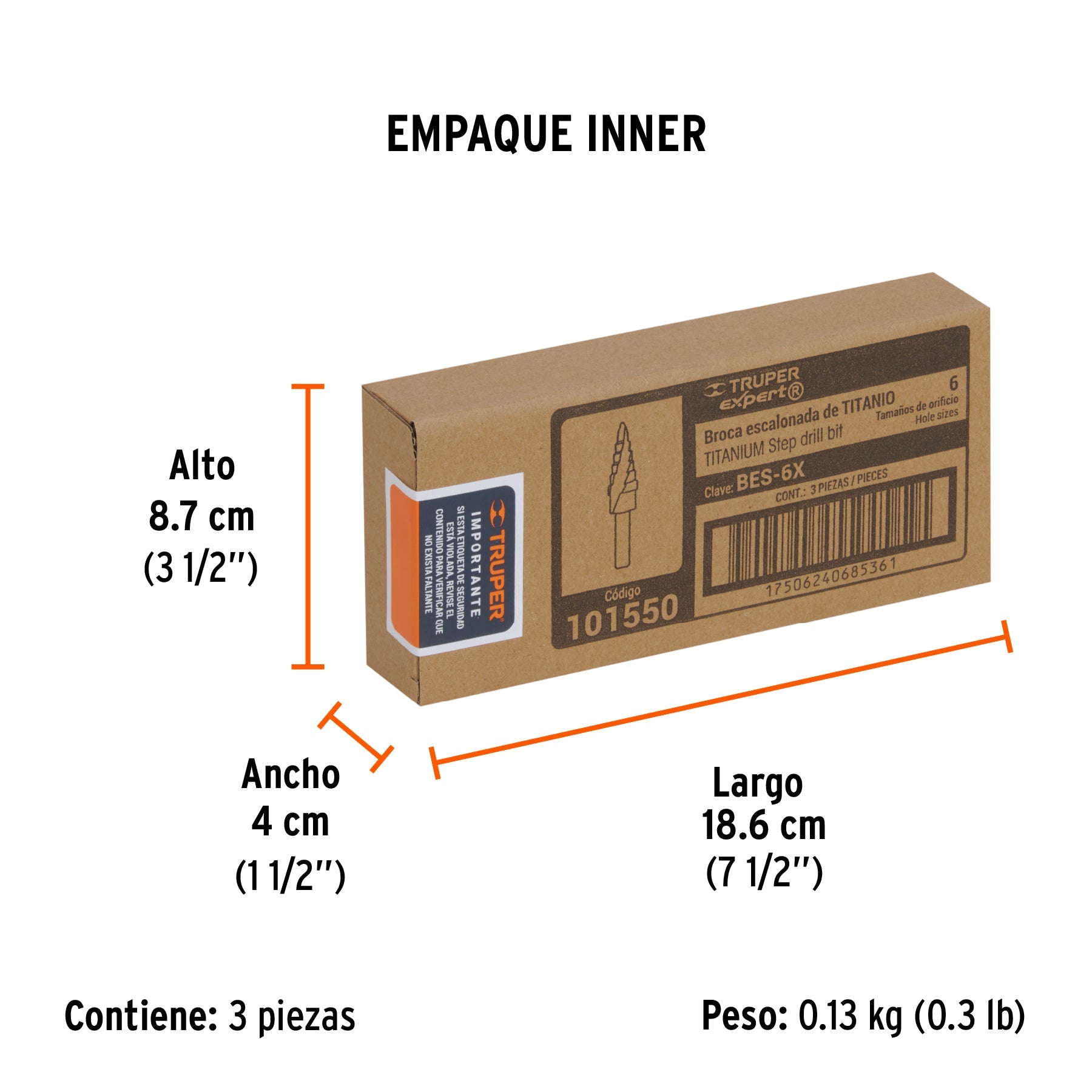 Broca escalonada titanio 6 escalones 3/16" a 1/2", EXPERT - Empaque
