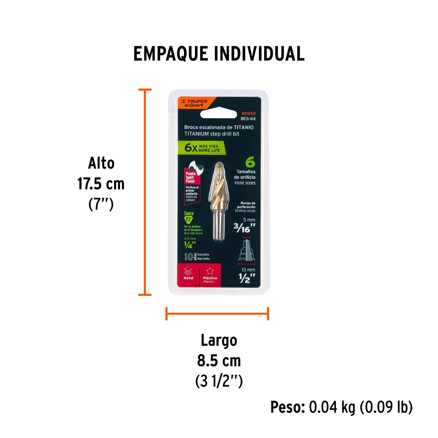 Broca escalonada titanio 6 escalones 3/16" a 1/2", EXPERT - Empaque