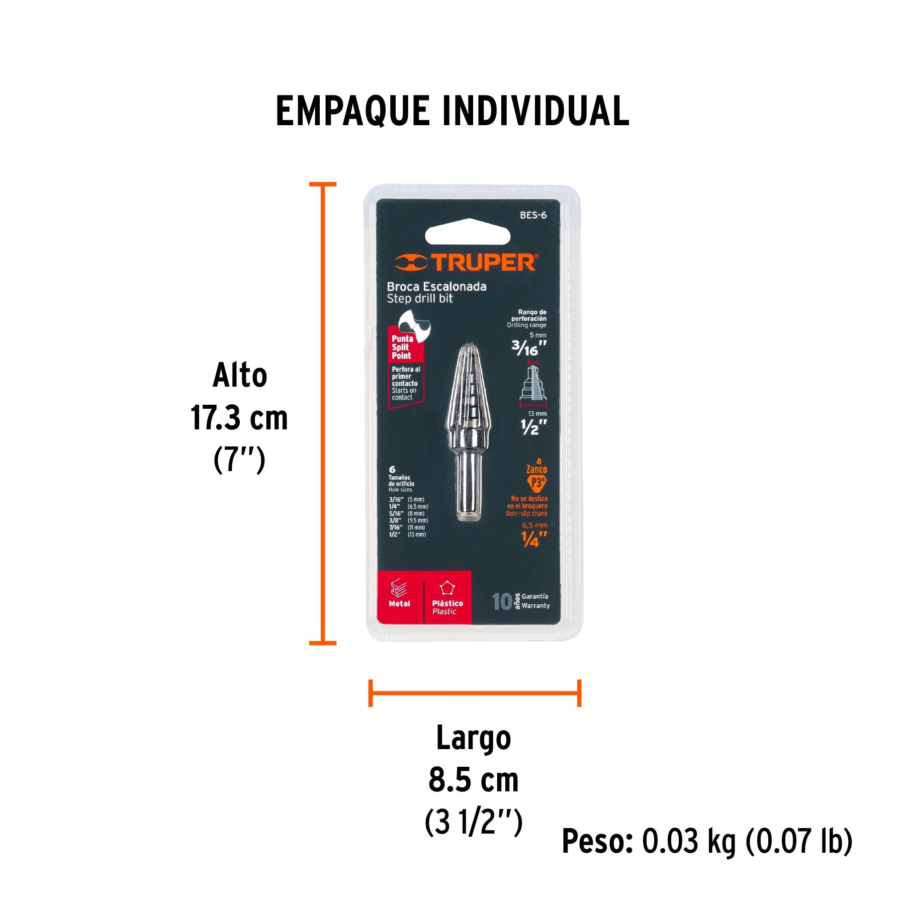 Broca escalonada óxido negro 6 escalones 3/16" a 1/2",Truper - Empaque