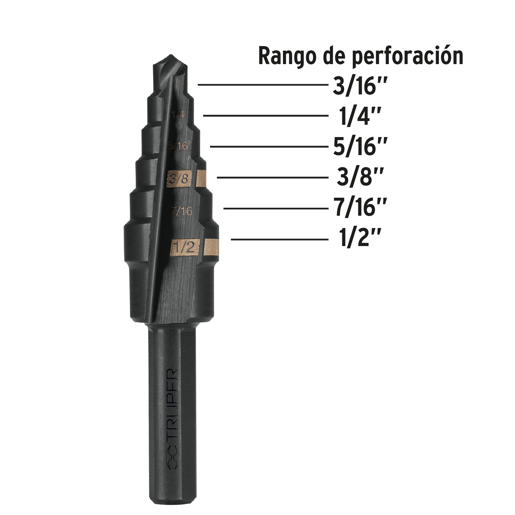 Broca escalonada óxido negro 6 escalones 3/16" a 1/2",Truper