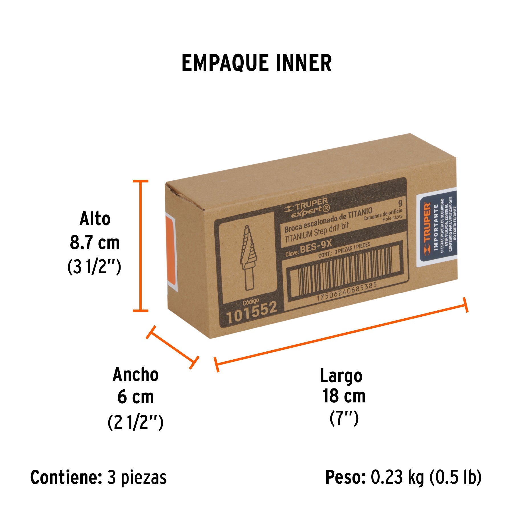 Broca escalonada titanio 9 escalones 1/4" a 3/4", EXPERT - Empaque